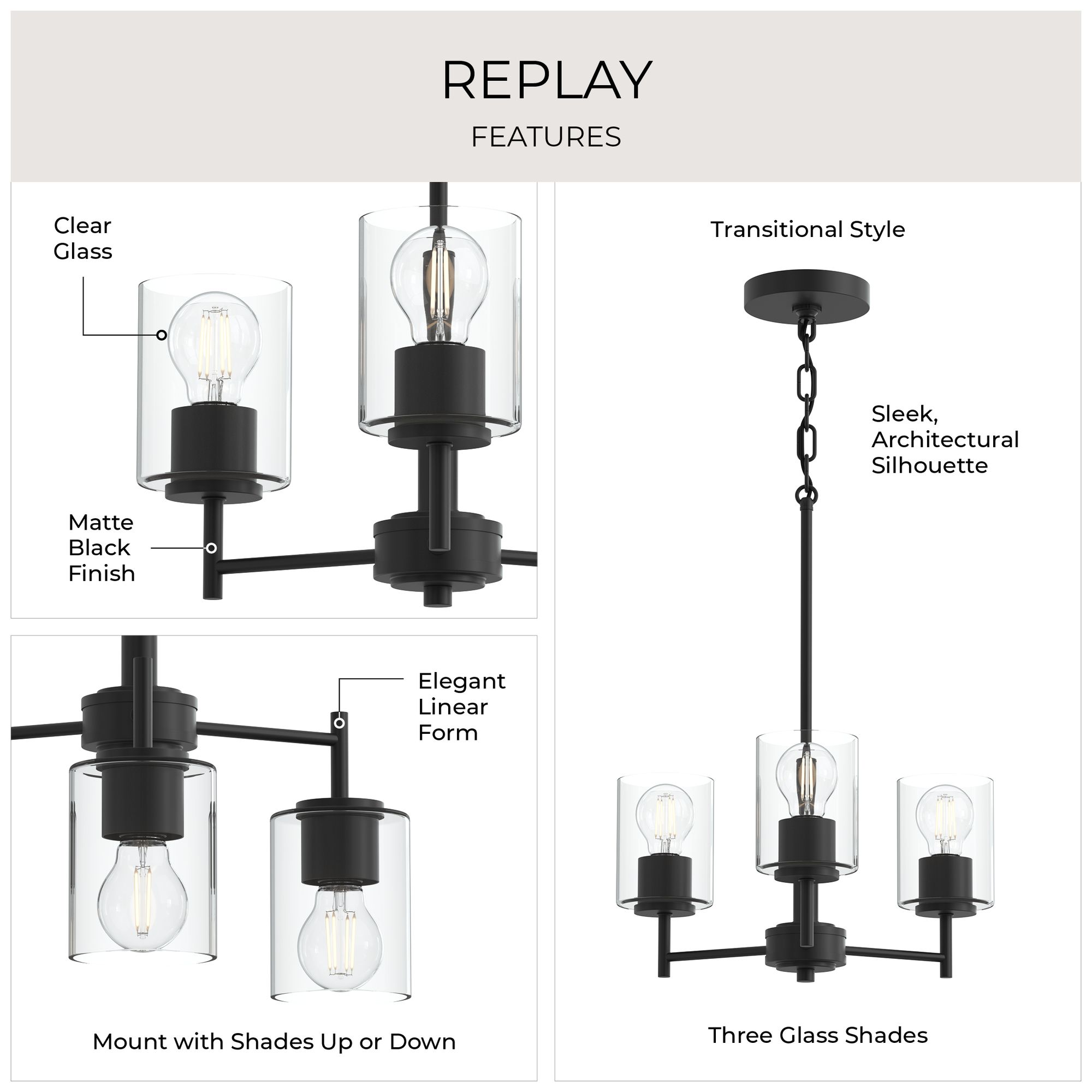 Image 3 Replay Collection 3-Light Black Chandelier with Clear Glass Shades more views