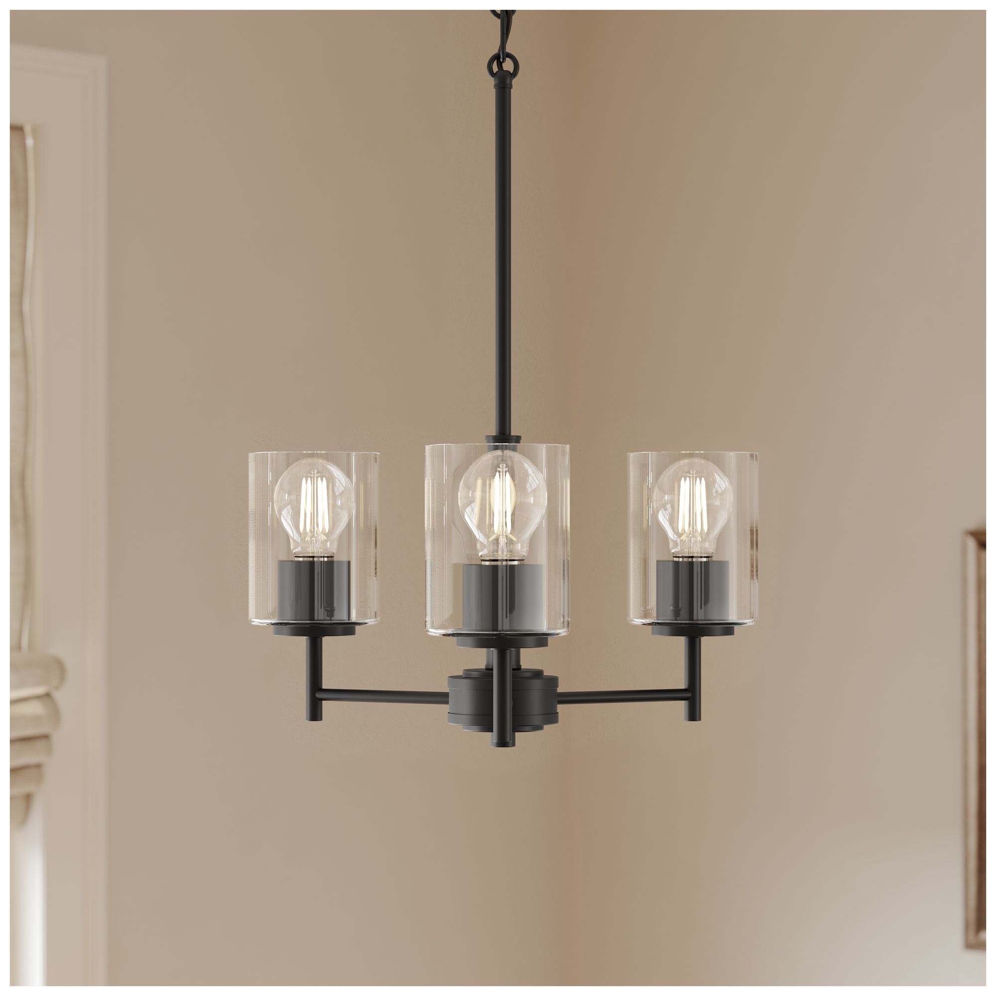 Replay Collection 3-Light Black Chandelier with Clear Glass Shades