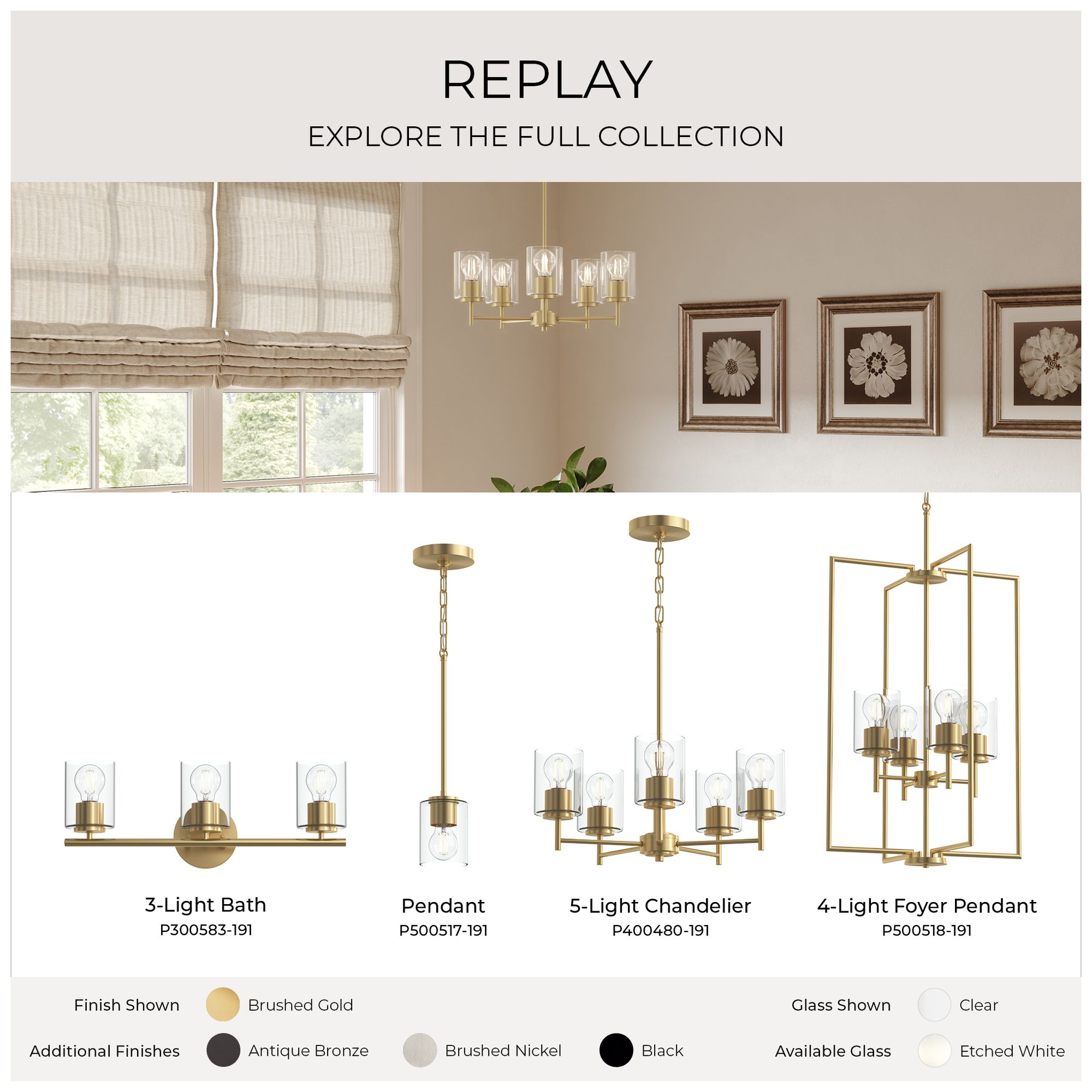 Image 2 Replay Collection 3-Light Brushed Gold Chandelier with Clear Glass Shades more views