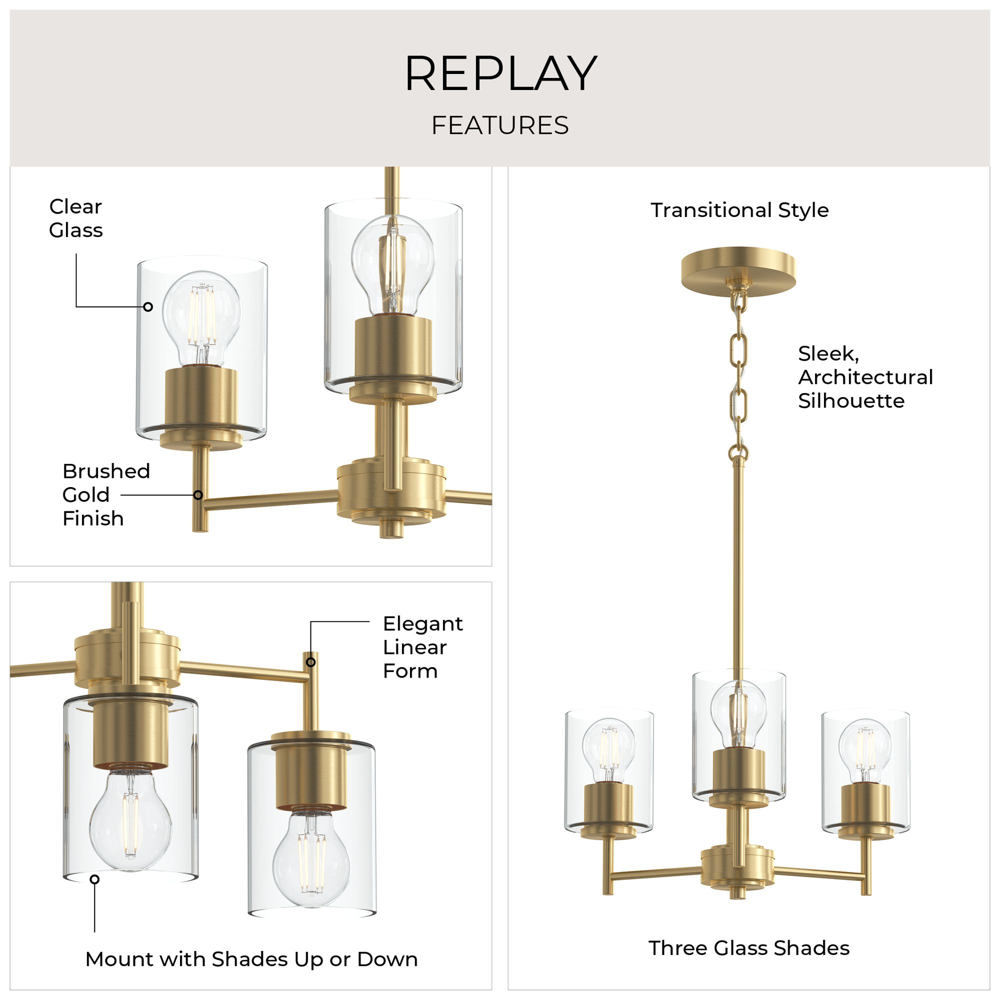 Image 5 Replay Collection 3-Light Brushed Gold Chandelier with Clear Glass Shades more views