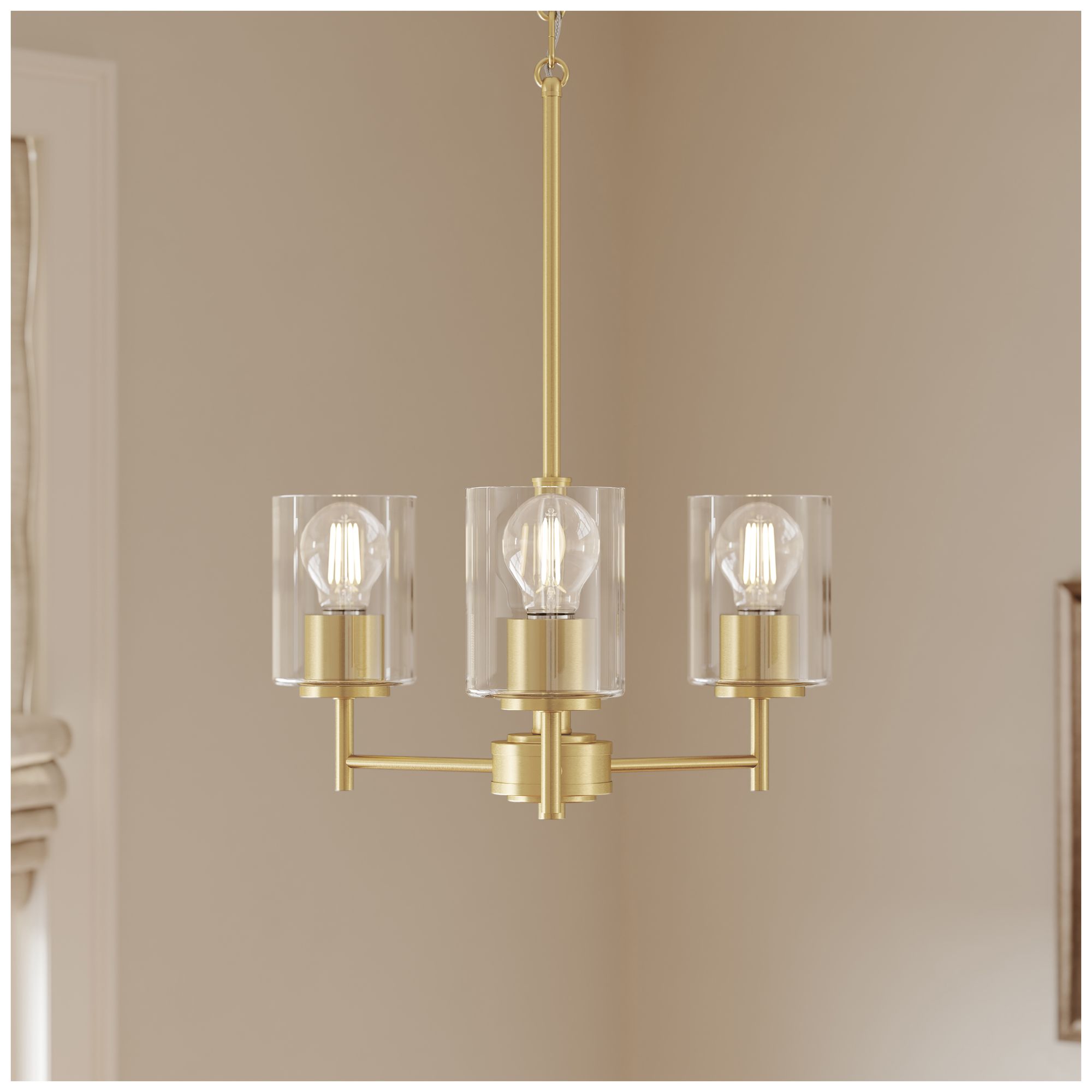 Image 6 Replay Collection 3-Light Brushed Gold Chandelier with Clear Glass Shades more views