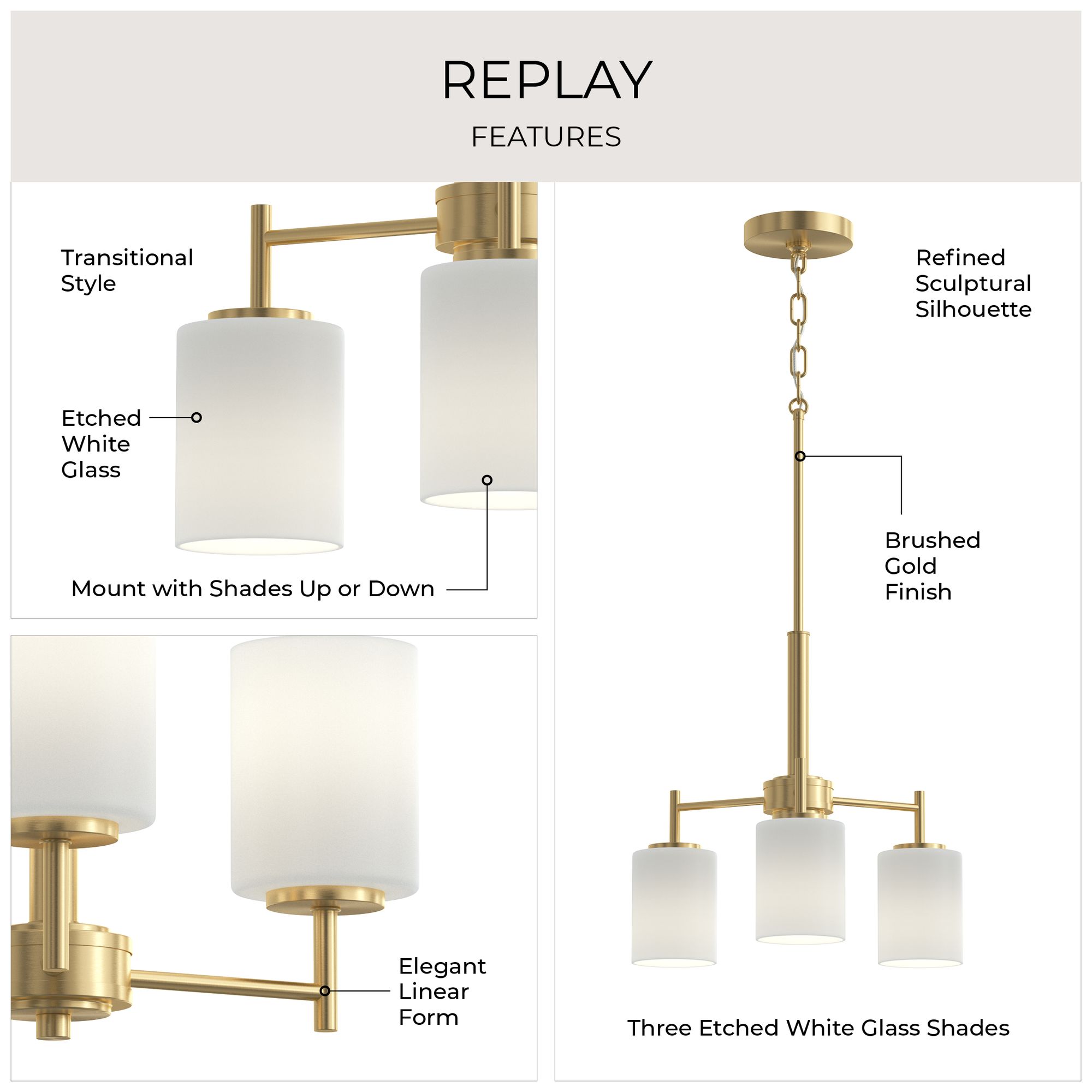 Image 3 Replay Collection 3-Light Brushed Gold Chandelier with Etched Glass Shades more views
