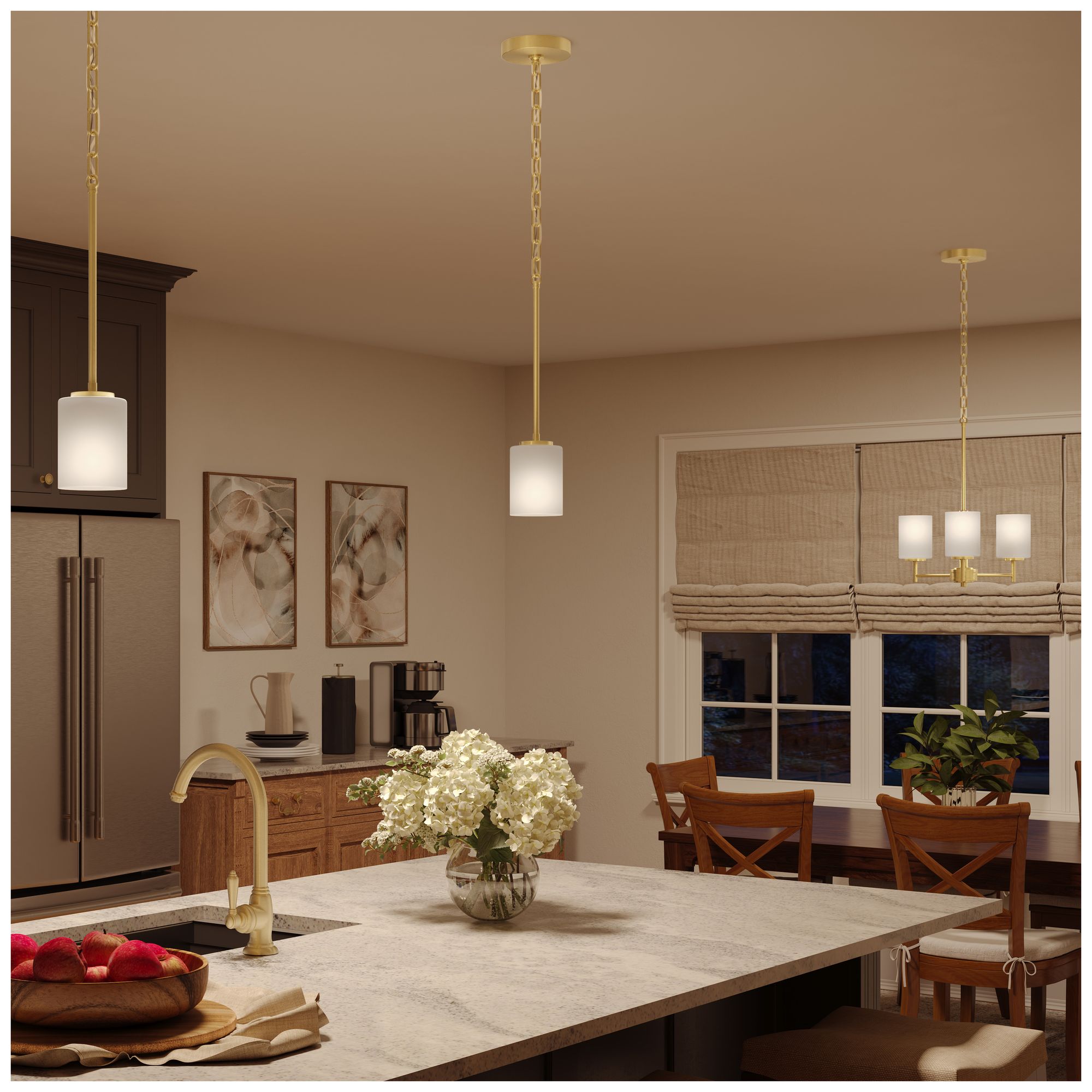 Image 4 Replay Collection 3-Light Brushed Gold Chandelier with Etched Glass Shades more views