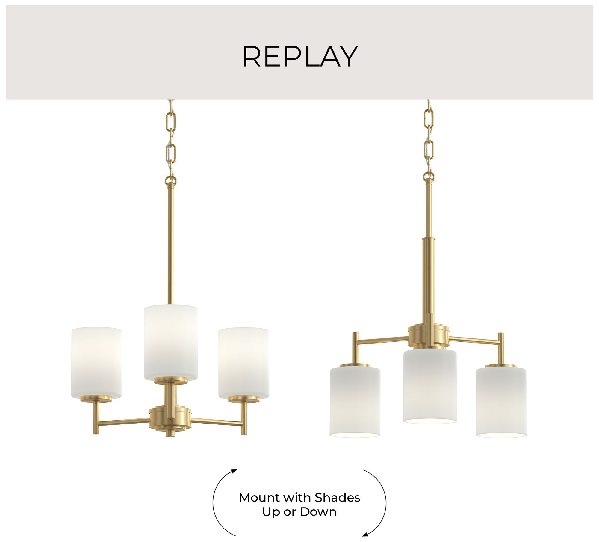 Replay Collection 3-Light Brushed Gold Chandelier with Etched Glass Shades