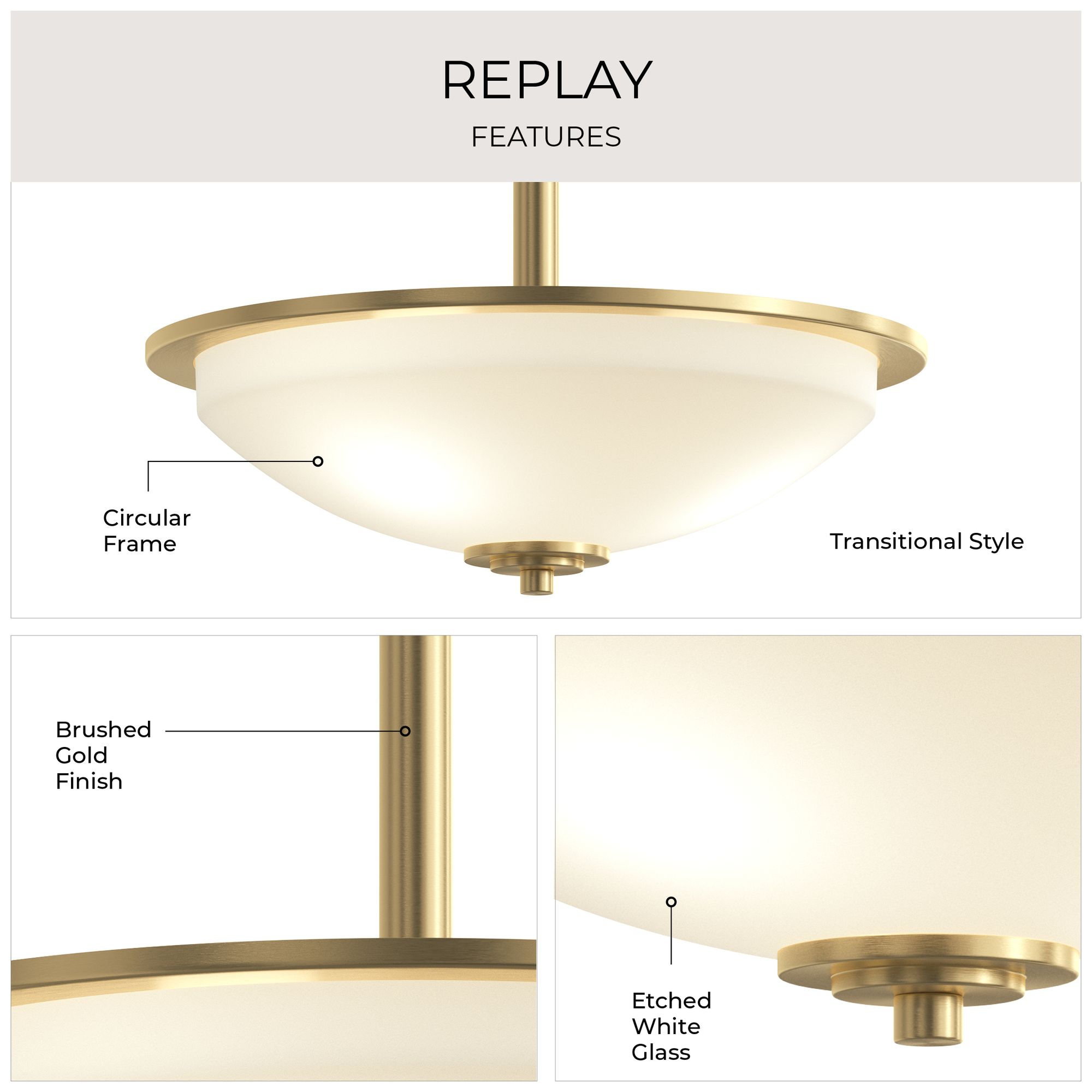 Image 3 Replay Collection 3-Light Brushed Gold Inverted Pendant with Etched Glass more views