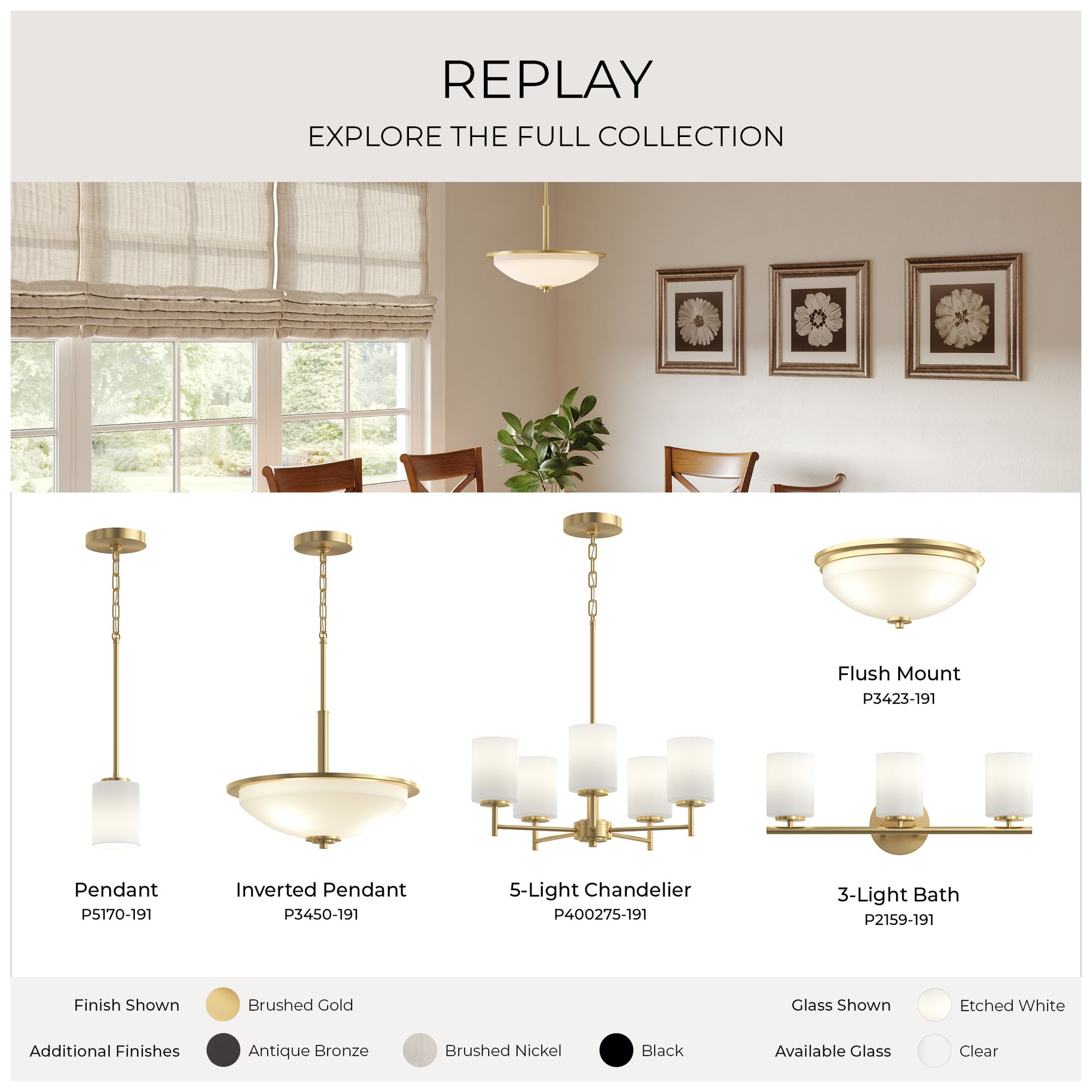 Replay Collection 3-Light Brushed Gold Inverted Pendant with Etched Glass