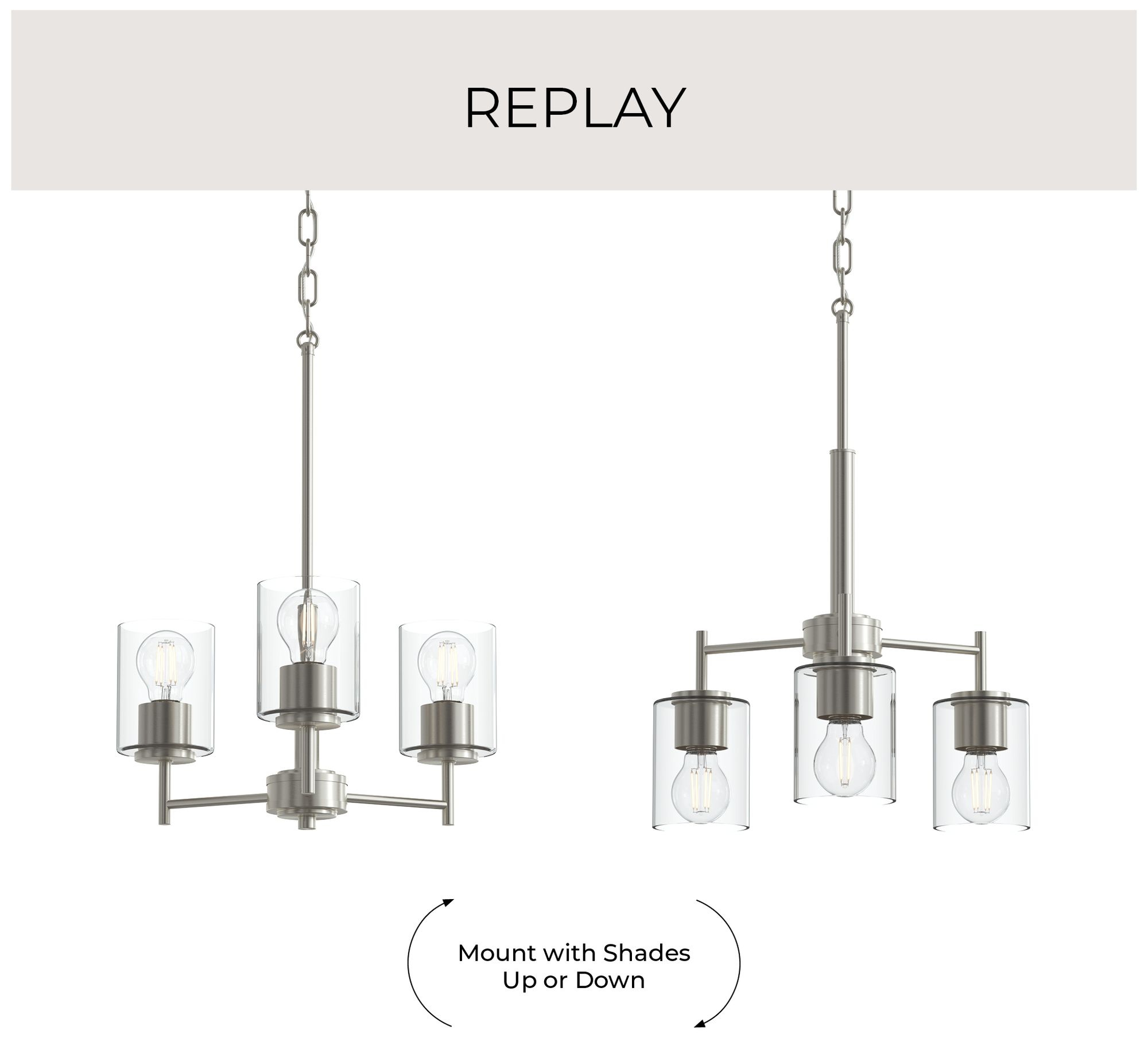 Image 2 Replay Collection 3-Light Brushed Nickel Chandelier with Clear Glass Shades more views