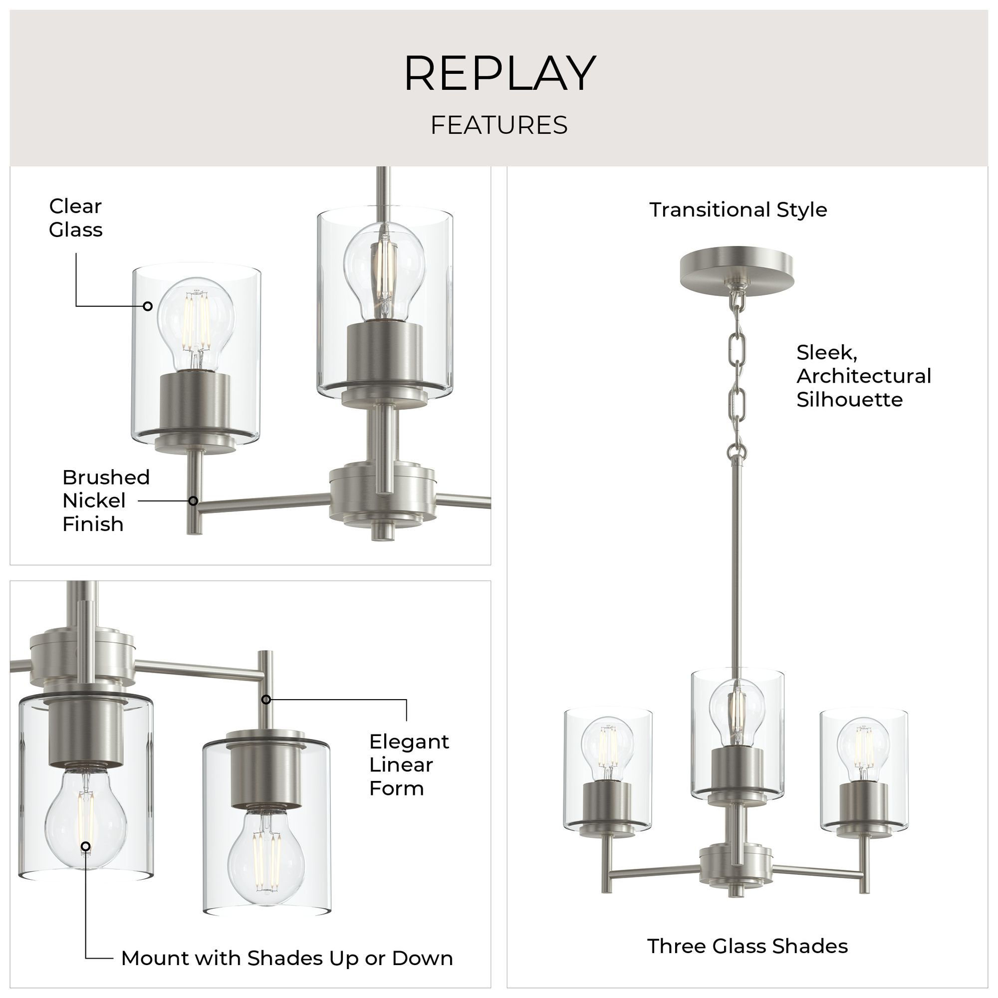 Image 3 Replay Collection 3-Light Brushed Nickel Chandelier with Clear Glass Shades more views