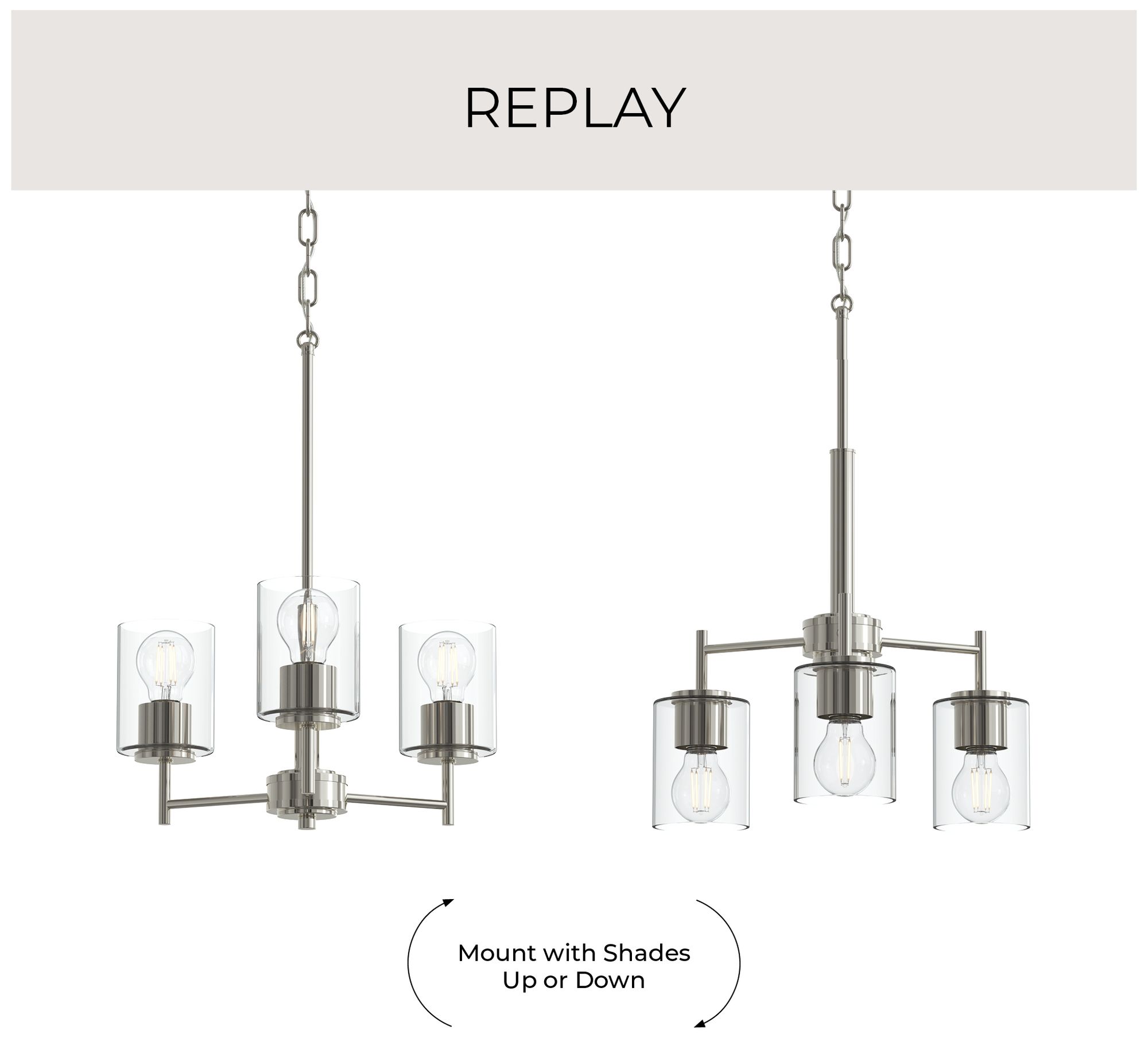Image 2 Replay Collection 3-Light Polished Nickel Chandelier w/ Clear Glass Shades more views