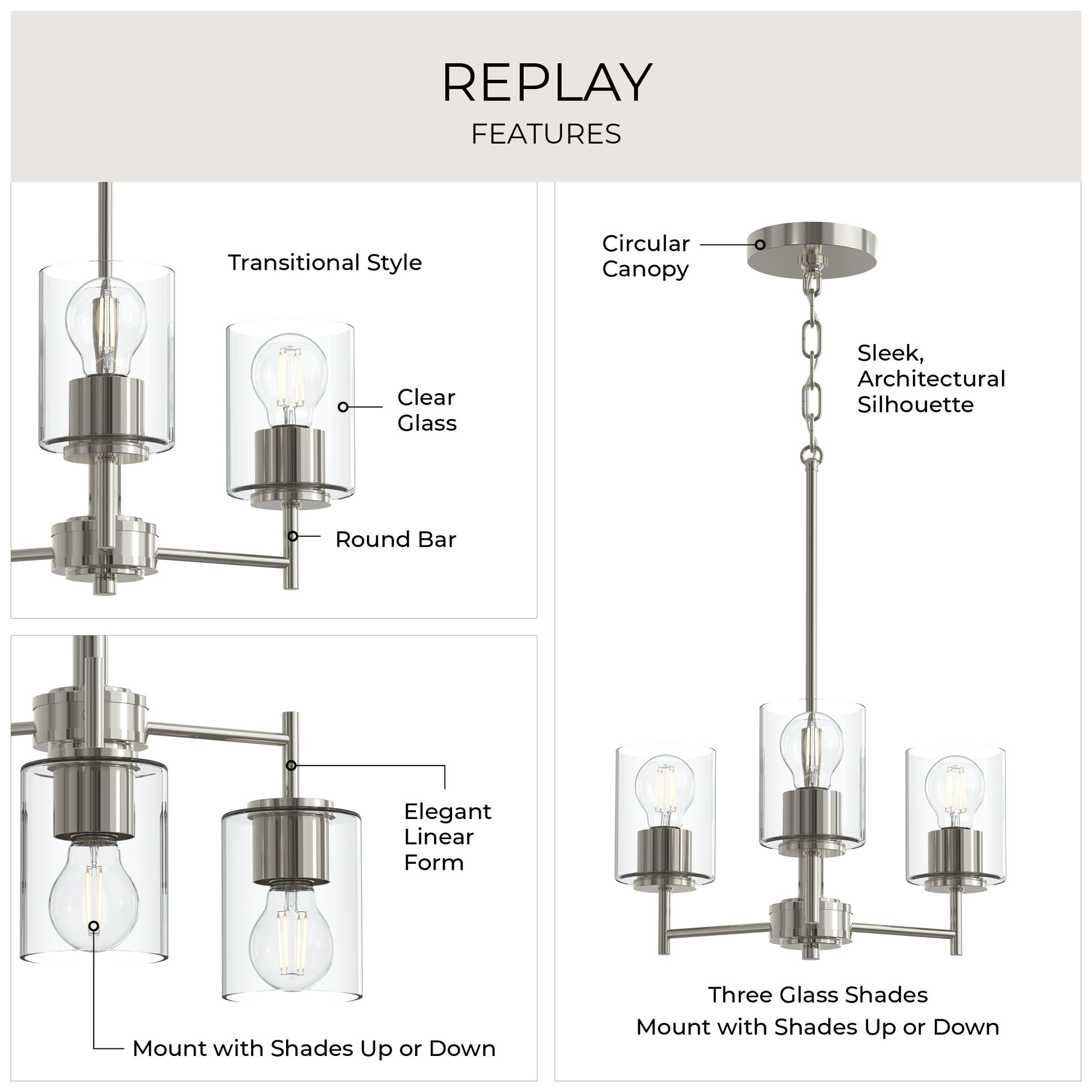 Image 3 Replay Collection 3-Light Polished Nickel Chandelier w/ Clear Glass Shades more views
