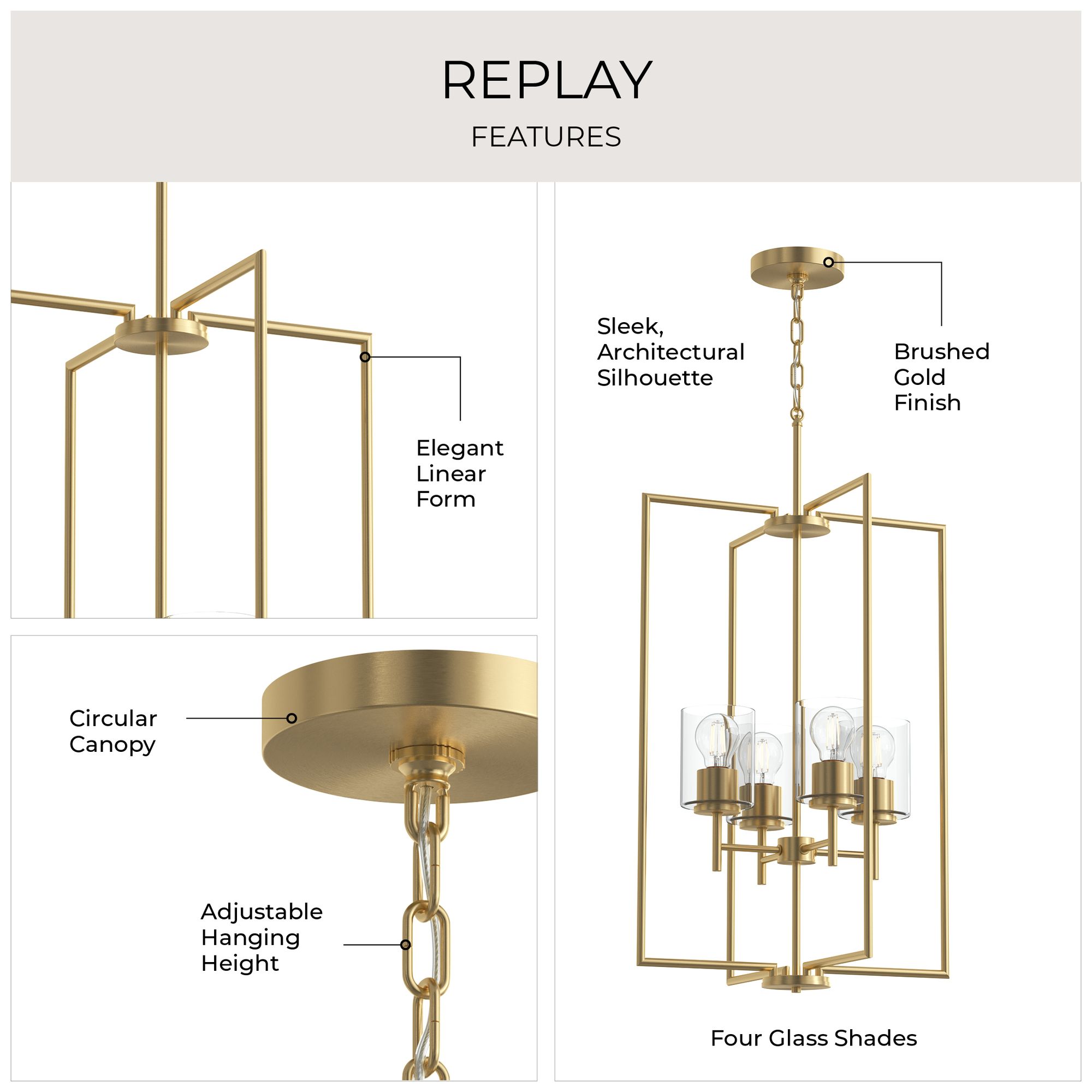 Image 3 Replay Collection 4-Light Brushed Gold Pendant with Clear Glass Shades more views