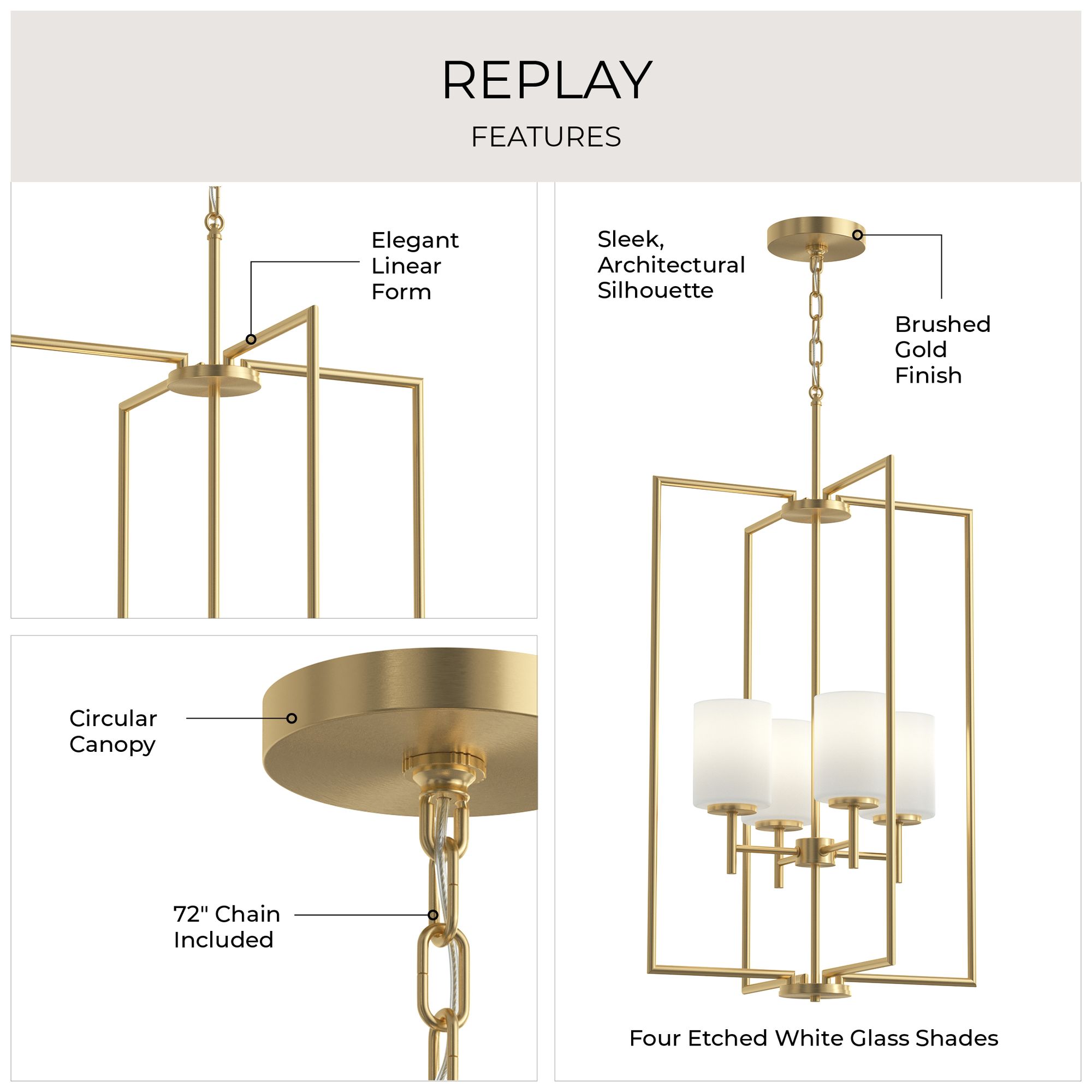 Image 3 Replay Collection 4-Light Brushed Gold Pendant with Etched Glass Shades more views