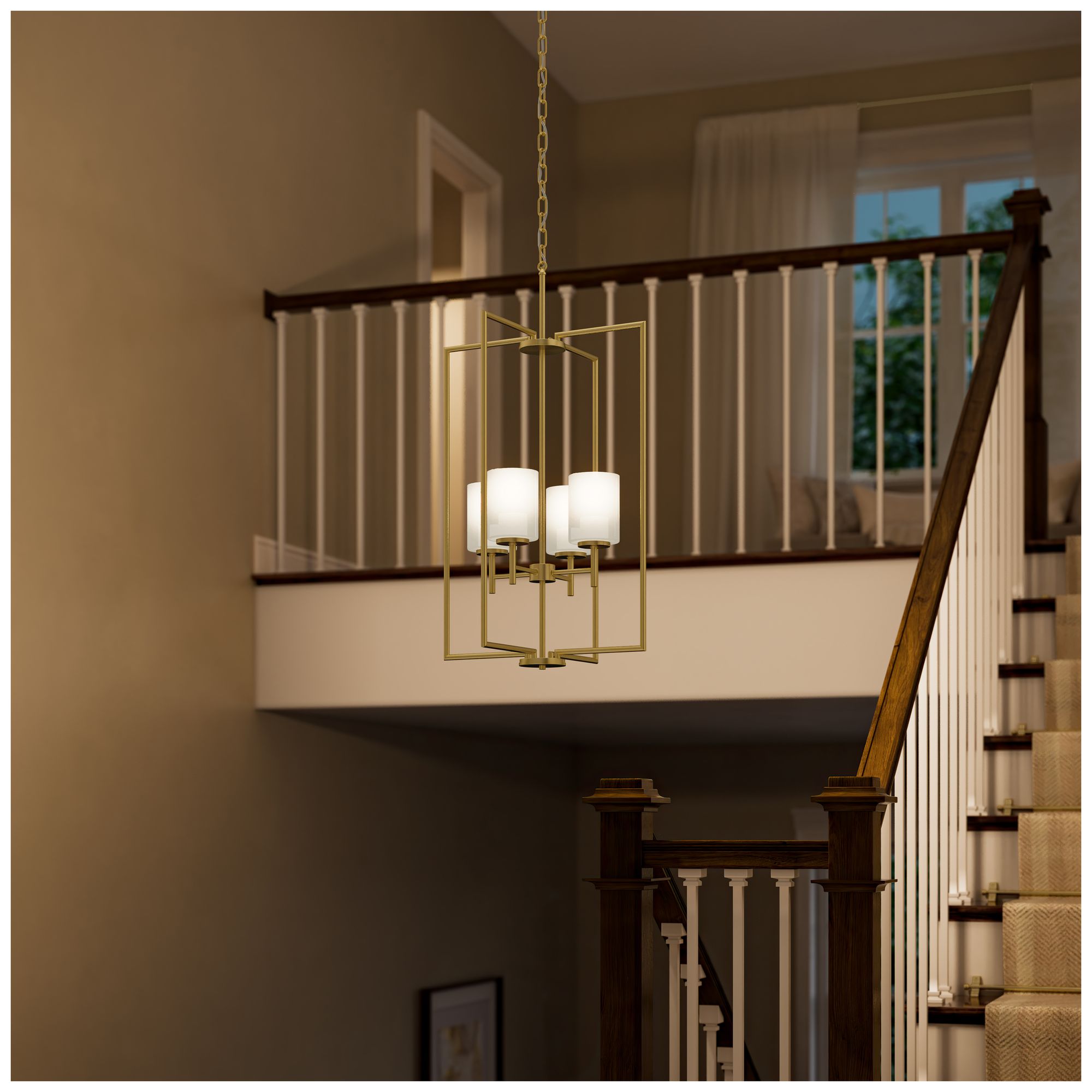 Image 4 Replay Collection 4-Light Brushed Gold Pendant with Etched Glass Shades more views