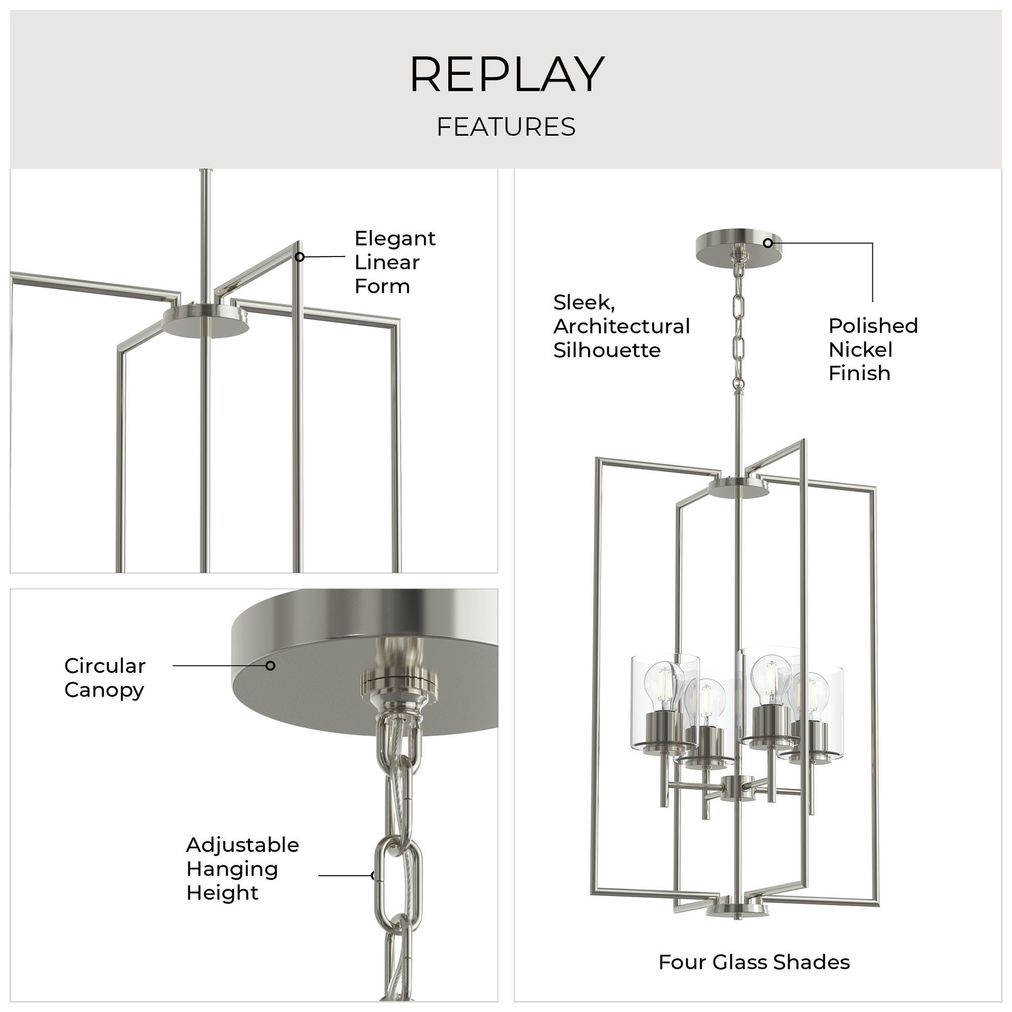Image 3 Replay Collection 4-Light Polished Nickel Pendant with Clear Glass Shades more views