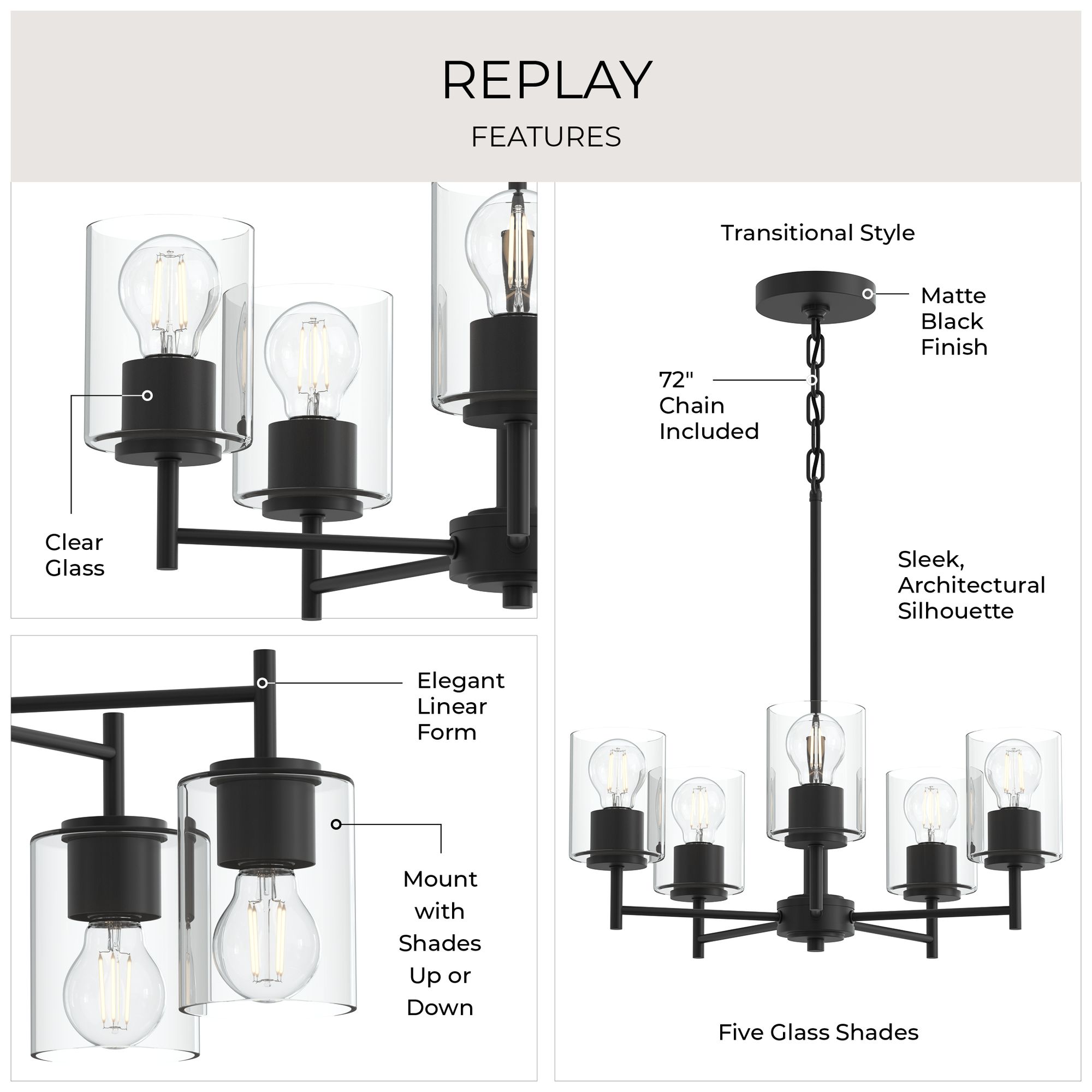 Image 3 Replay Collection 5-Light Black Chandelier with Clear Black Shades more views