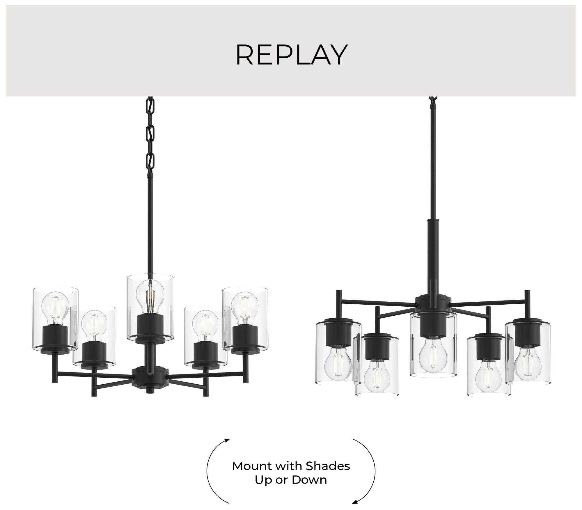 Replay Collection 5-Light Black Chandelier with Clear Black Shades