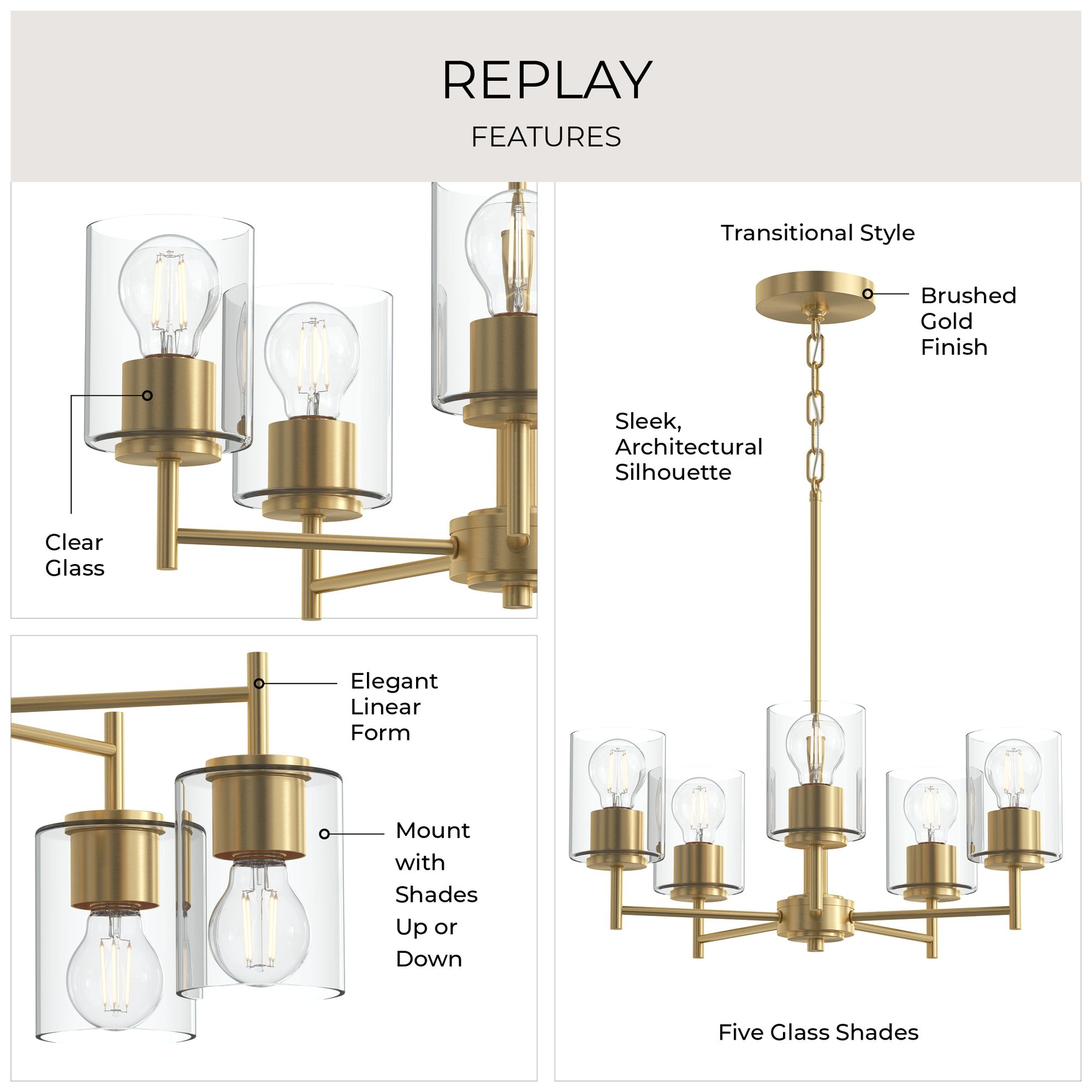 Image 3 Replay Collection 5-Light Brushed Gold Chandelier with Clear Glass Shades more views