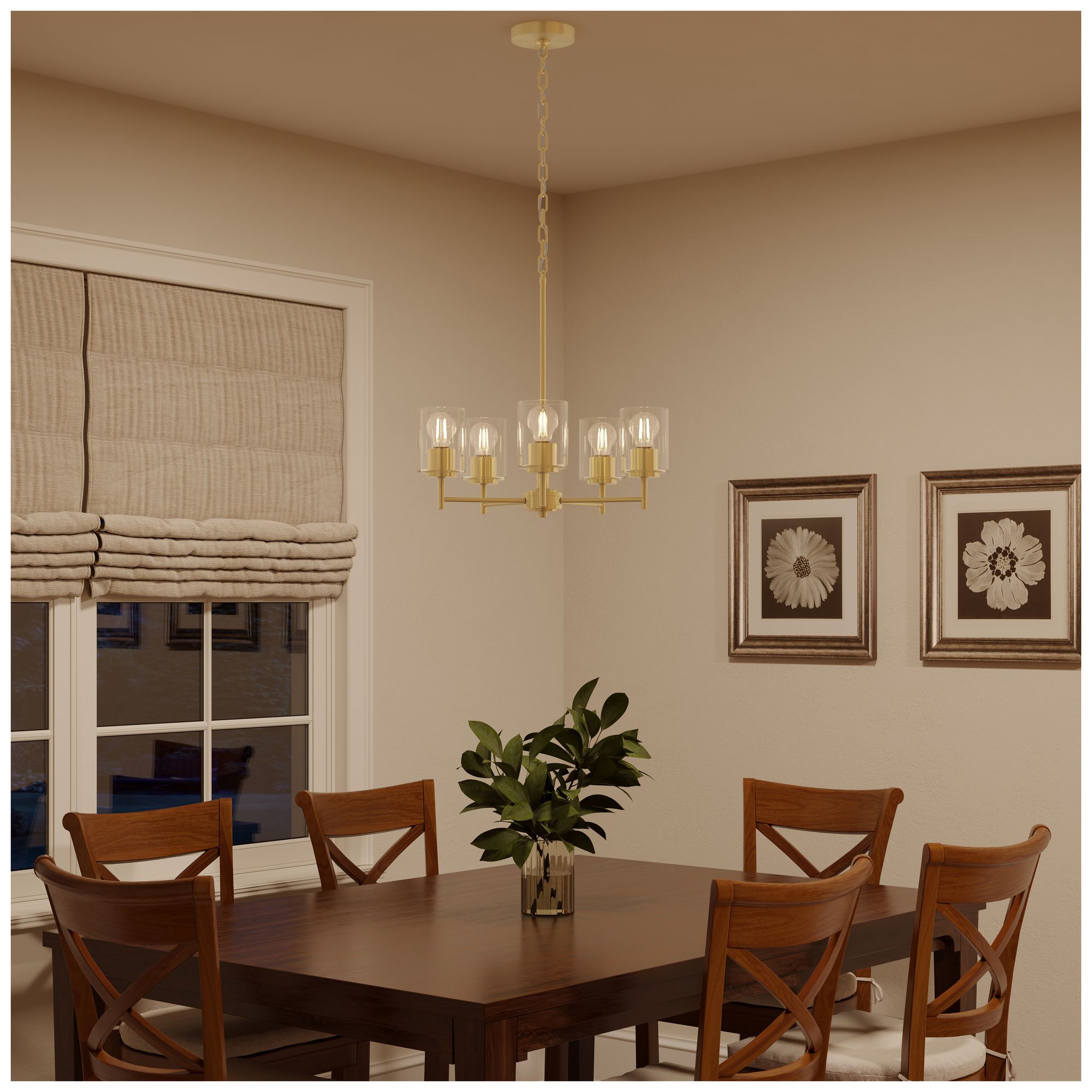 Image 4 Replay Collection 5-Light Brushed Gold Chandelier with Clear Glass Shades more views