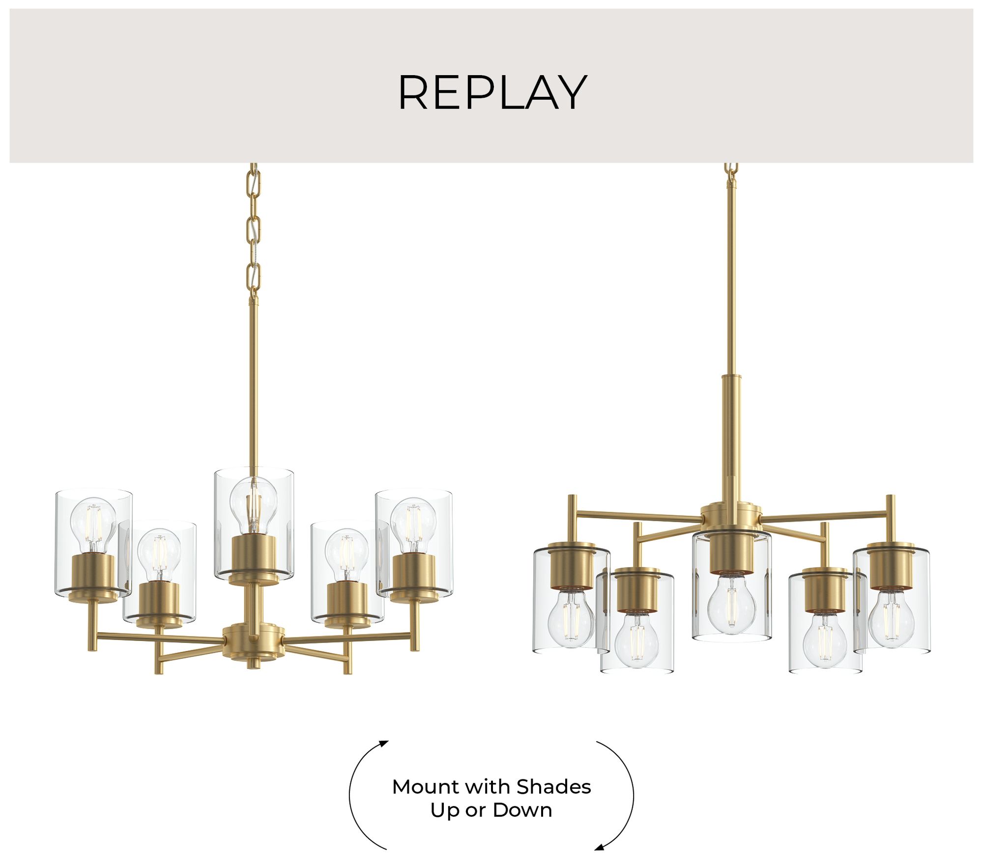 Replay Collection 5-Light Brushed Gold Chandelier with Clear Glass Shades