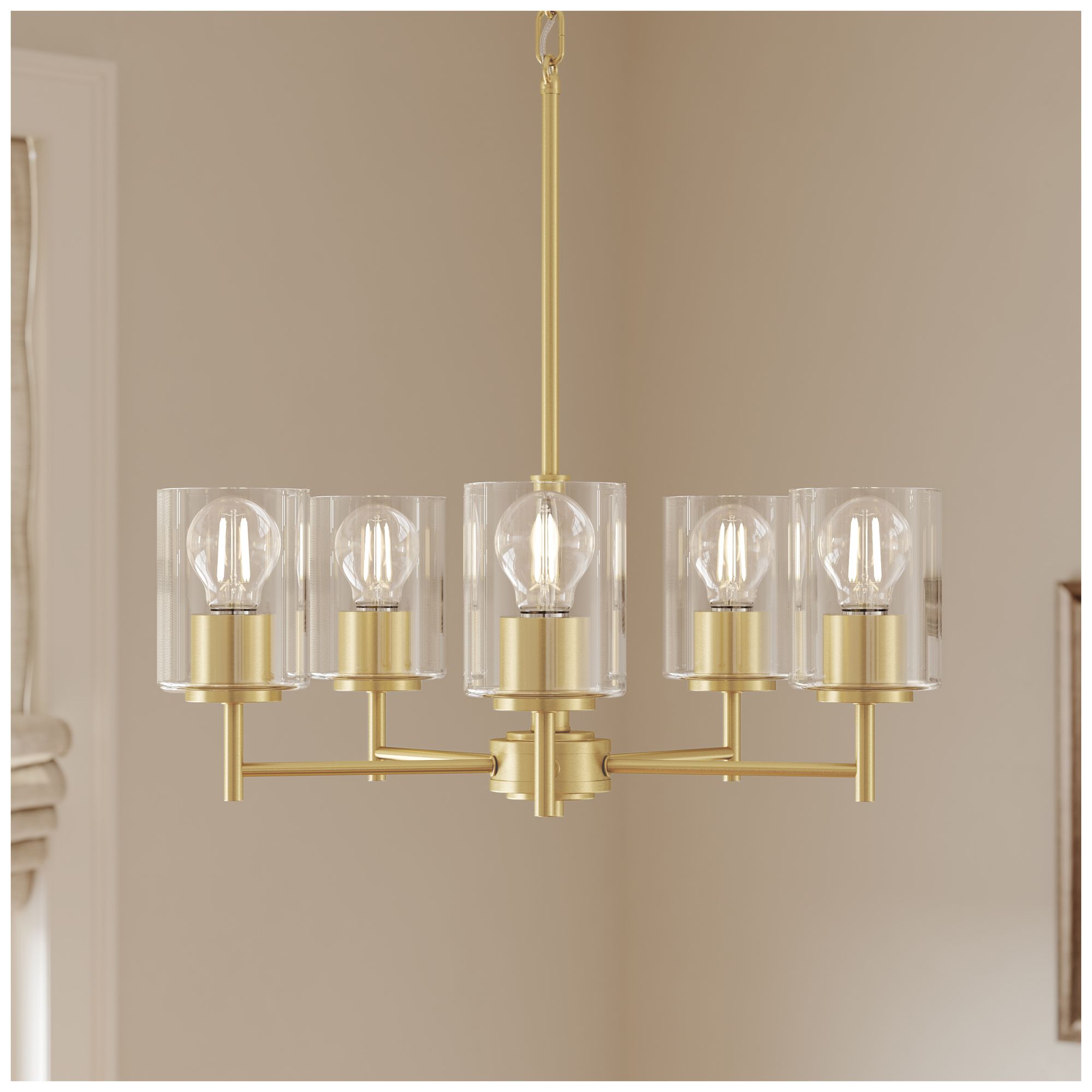 Replay Collection 5-Light Brushed Gold Chandelier with Clear Glass Shades