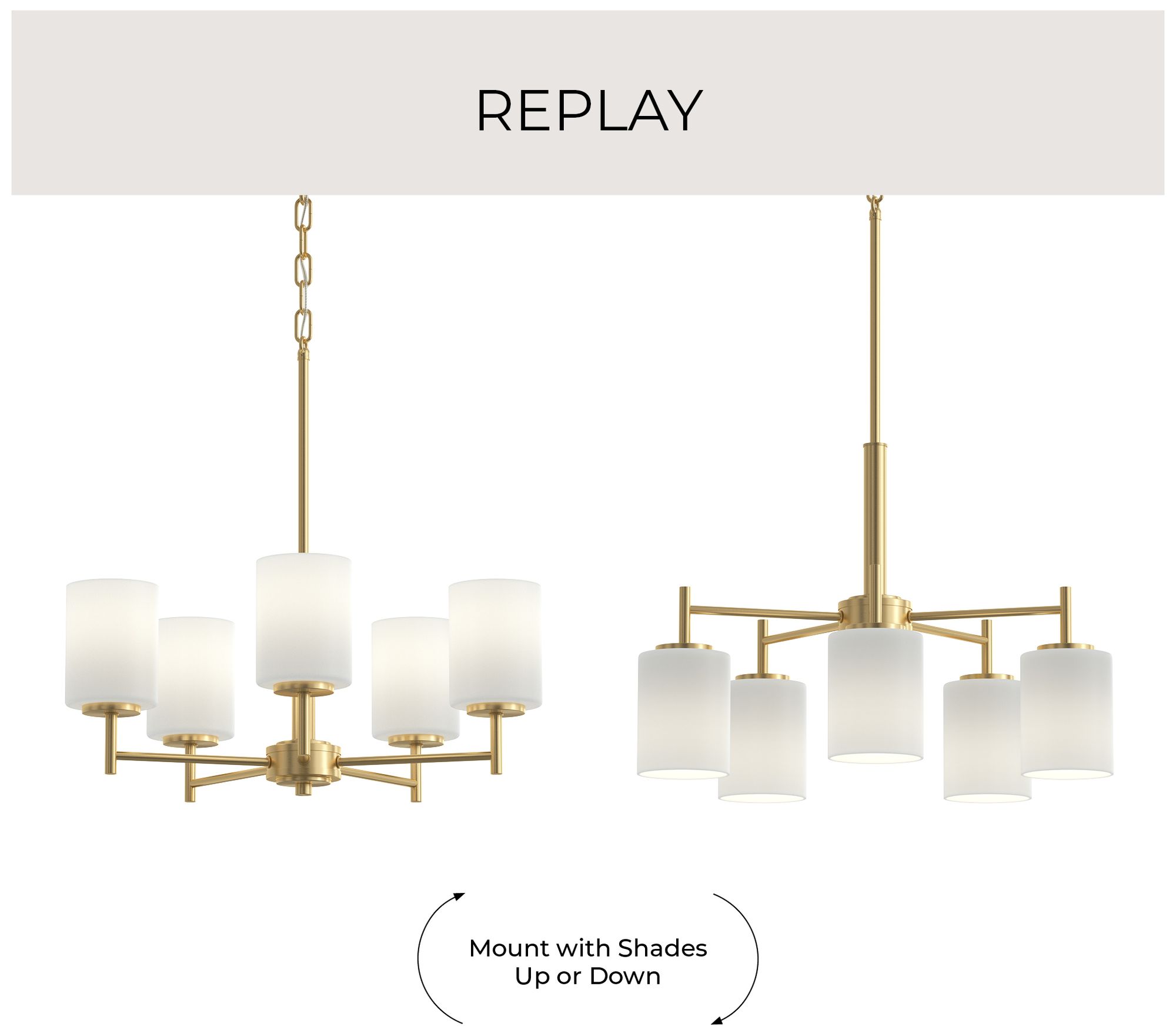 Image 2 Replay Collection 5-Light Brushed Gold Chandelier with Etched Glass Shades more views