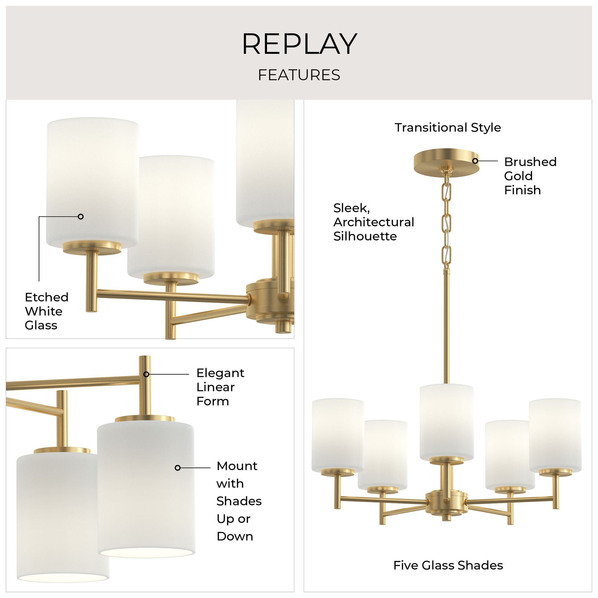 Image 3 Replay Collection 5-Light Brushed Gold Chandelier with Etched Glass Shades more views