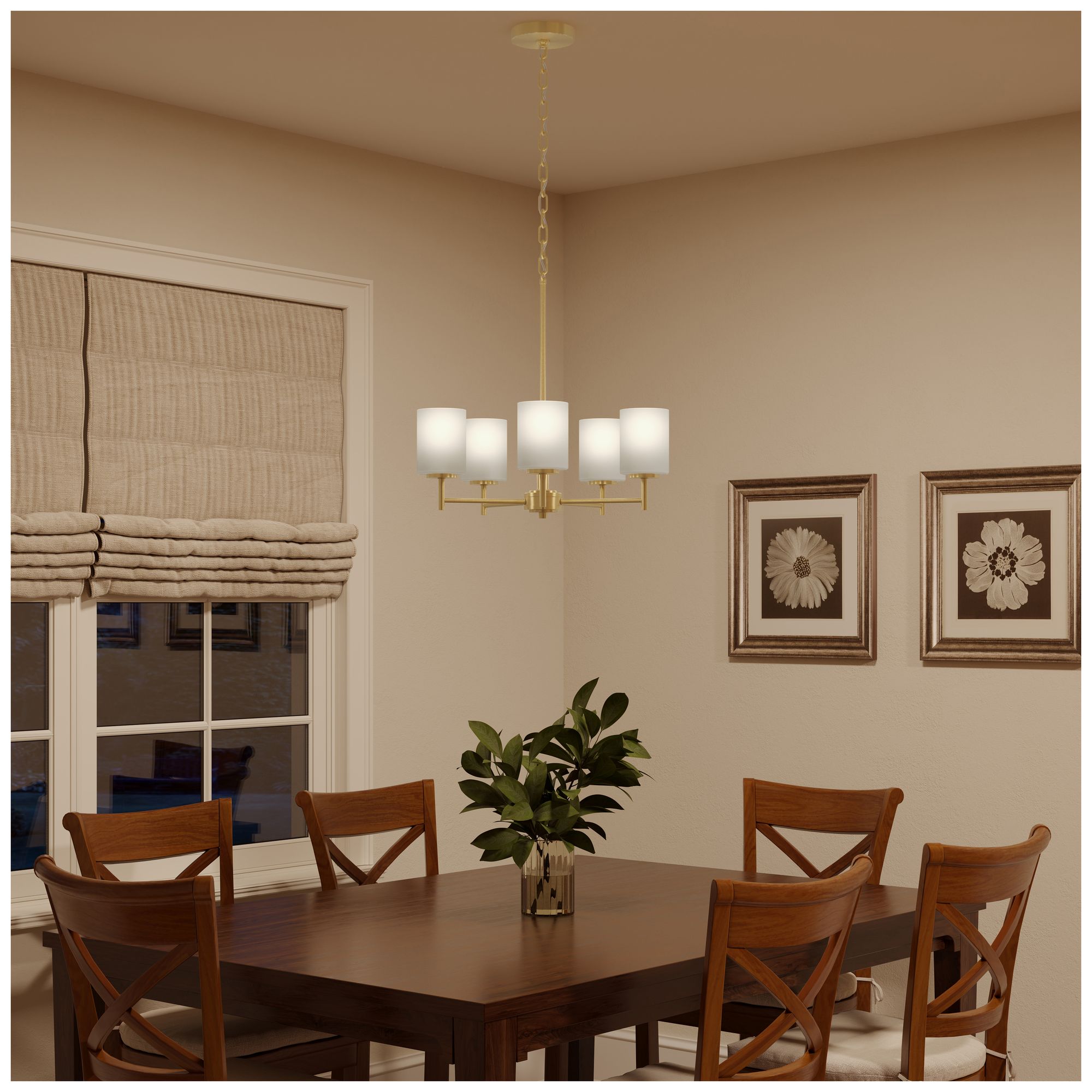 Image 4 Replay Collection 5-Light Brushed Gold Chandelier with Etched Glass Shades more views