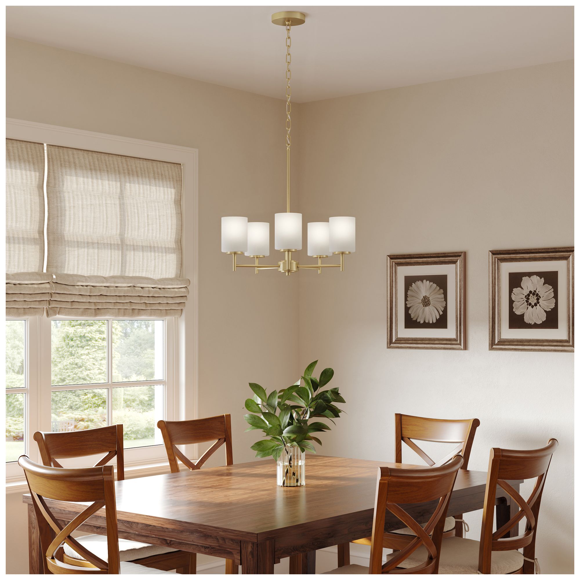 Replay Collection 5-Light Brushed Gold Chandelier with Etched Glass Shades