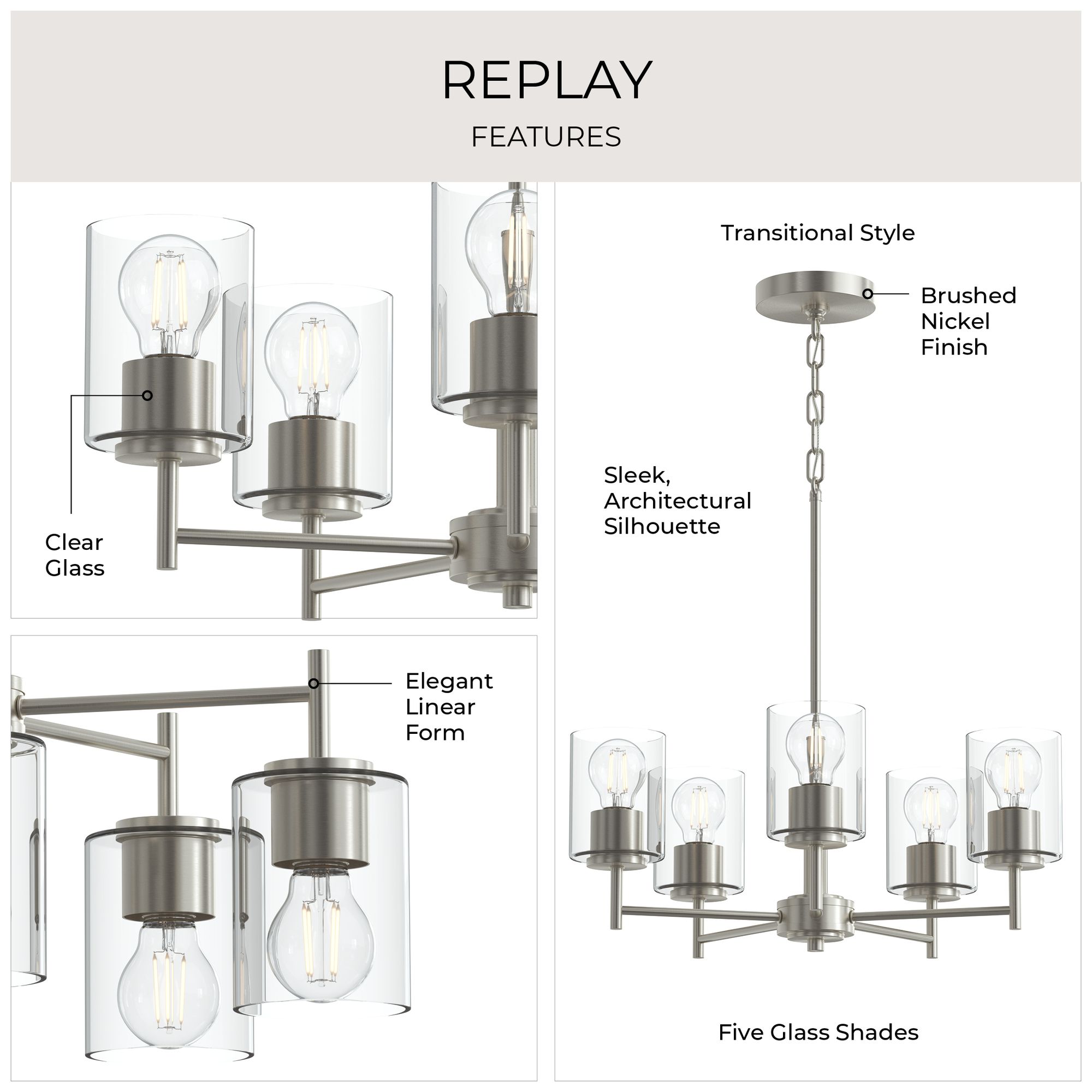 Image 5 Replay Collection 5-Light Brushed Nickel Chandelier with Clear Glass Shades more views