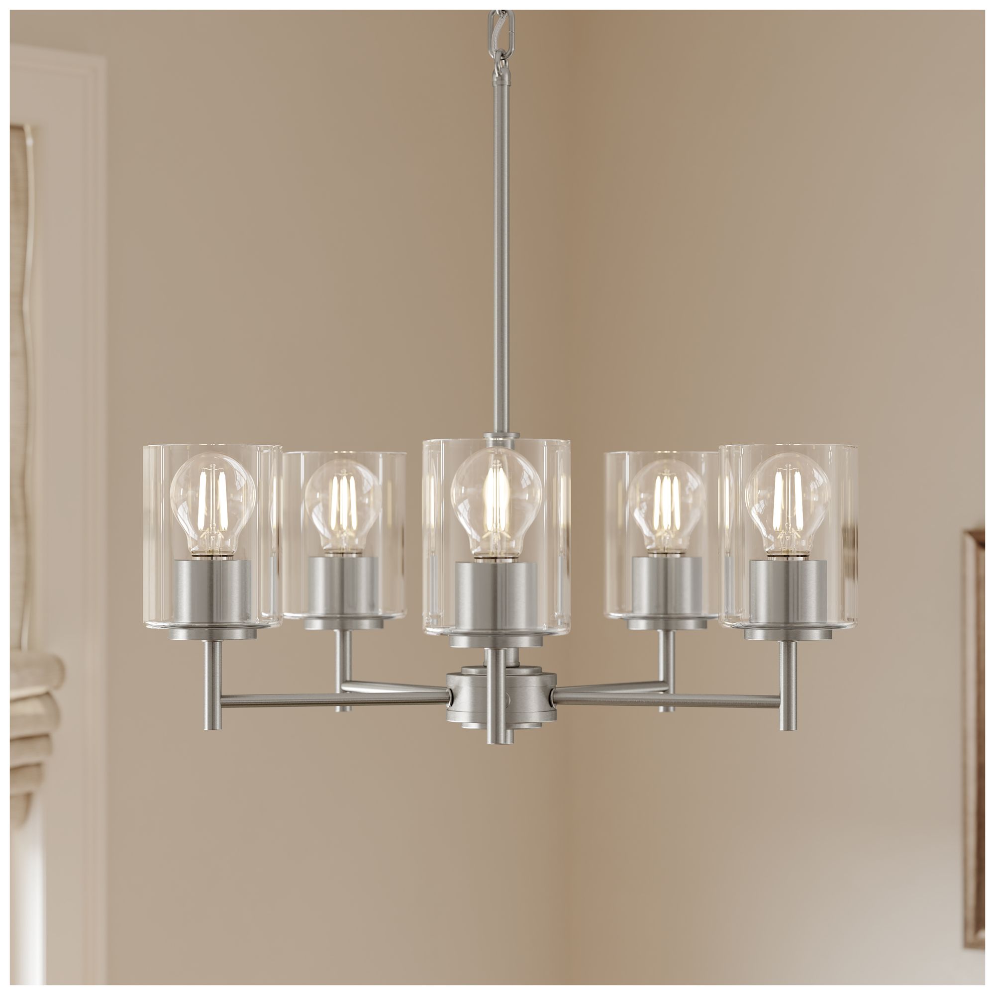 Image 6 Replay Collection 5-Light Brushed Nickel Chandelier with Clear Glass Shades more views