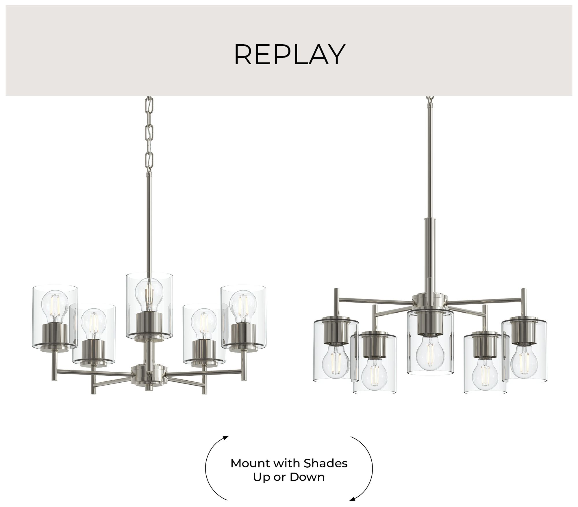 Image 2 Replay Collection 5-Light Polished Nickel Chandelier w/Clear Glass Shades more views