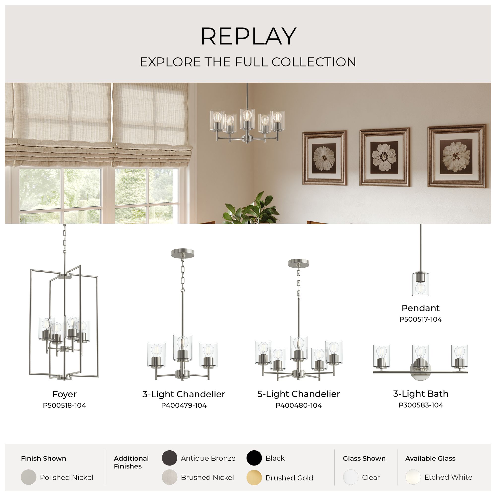 Replay Collection 5-Light Polished Nickel Chandelier w/Clear Glass Shades