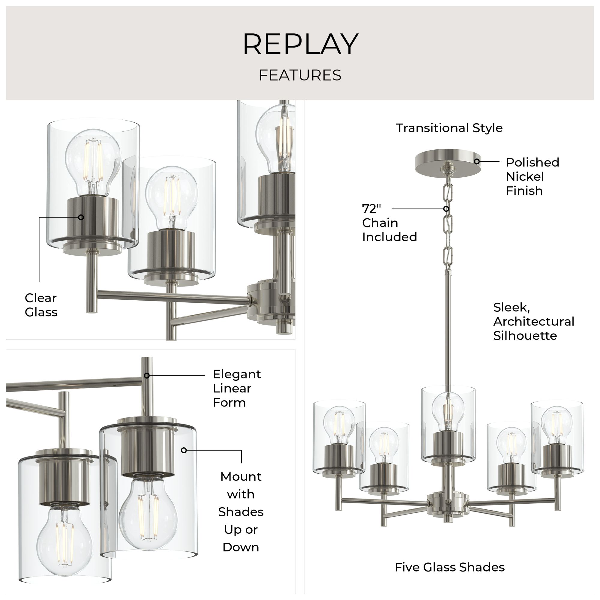 Image 3 Replay Collection 5-Light Polished Nickel Chandelier w/Clear Glass Shades more views