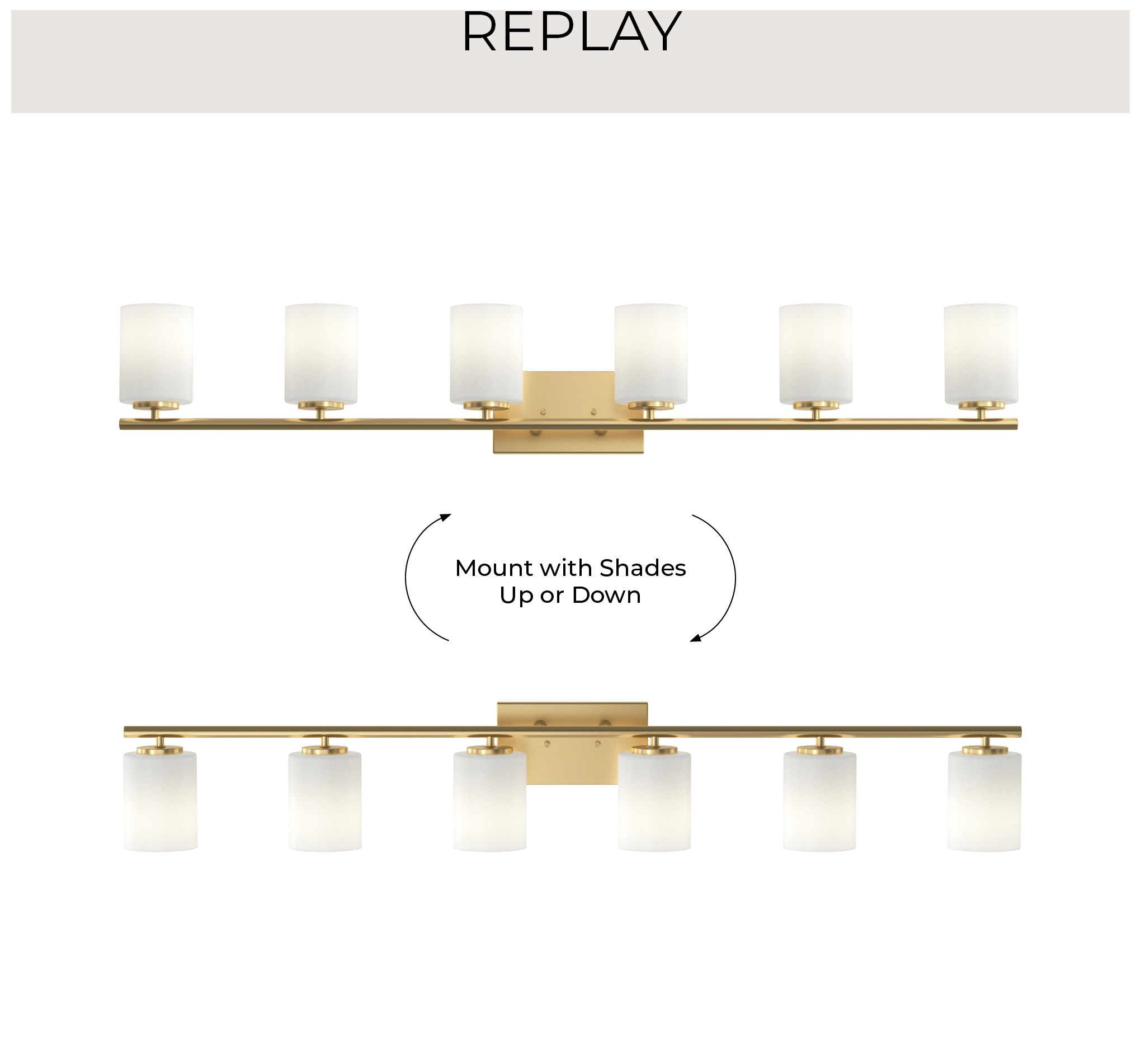 Image 3 Replay Collection 6-Light Brushed Gold Etched White Glass Bath Vanity Light more views