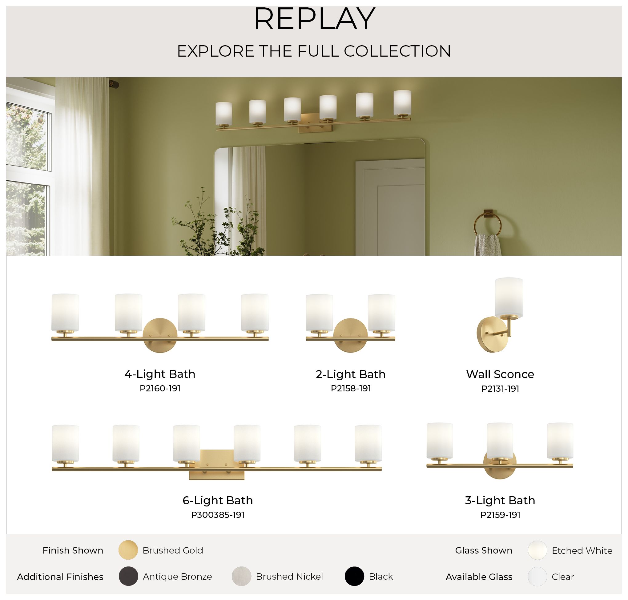Replay Collection 6-Light Brushed Gold Etched White Glass Bath Vanity Light