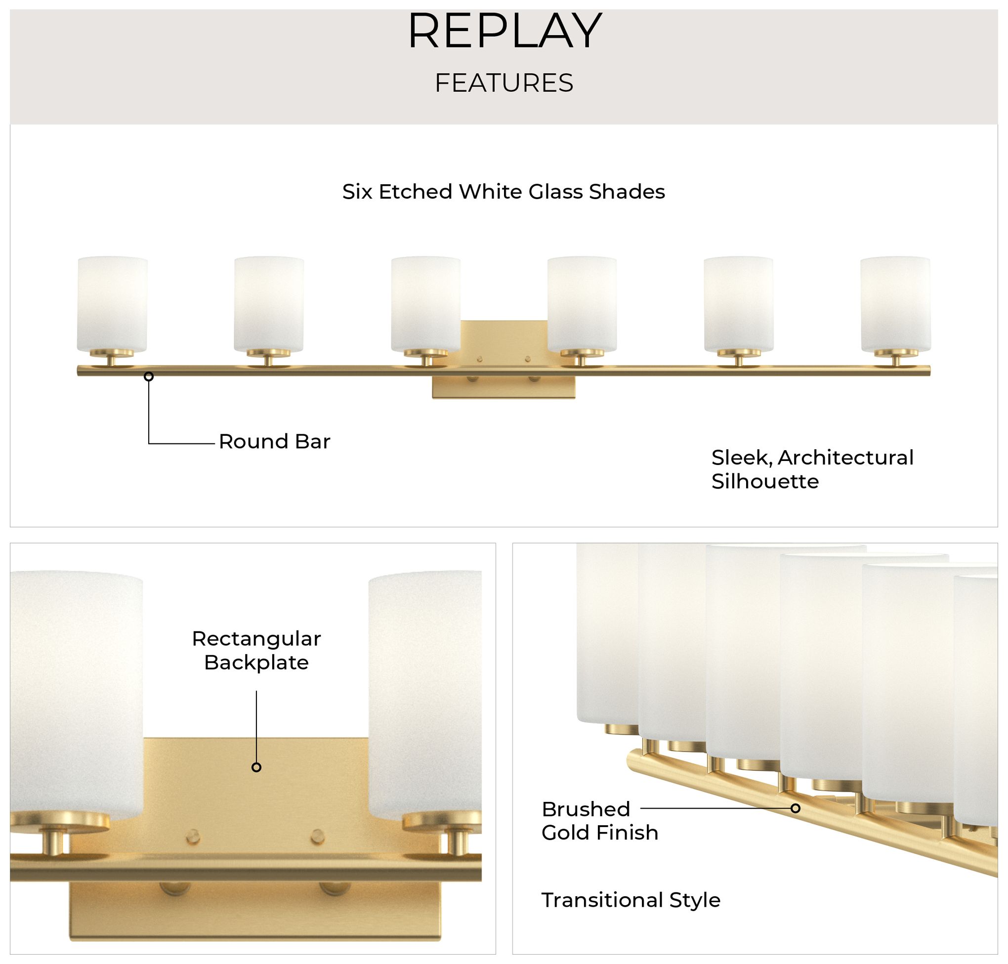 Image 4 Replay Collection 6-Light Brushed Gold Etched White Glass Bath Vanity Light more views