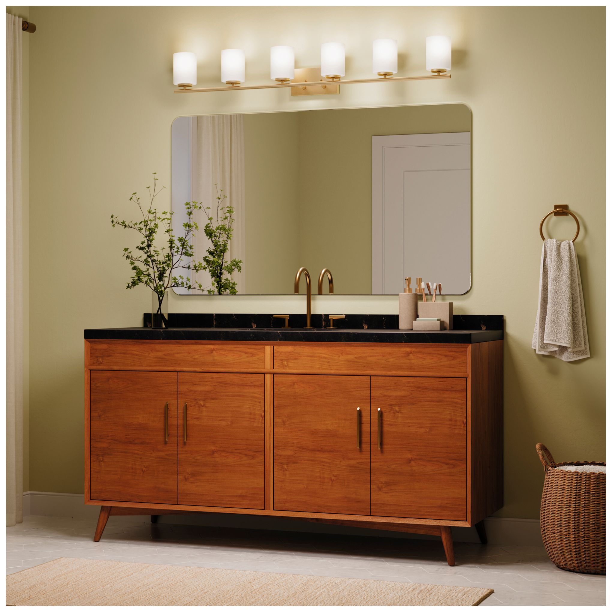 Image 5 Replay Collection 6-Light Brushed Gold Etched White Glass Bath Vanity Light more views
