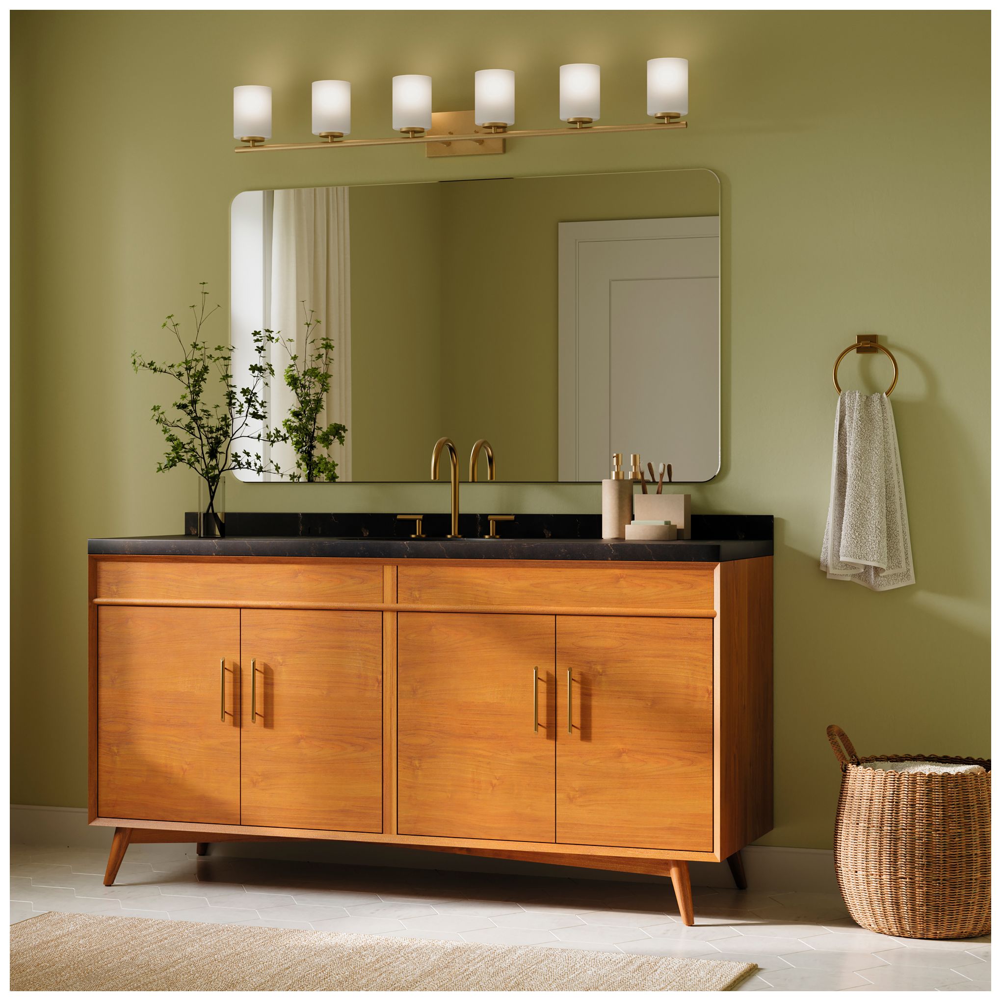 Replay Collection 6-Light Brushed Gold Etched White Glass Bath Vanity Light