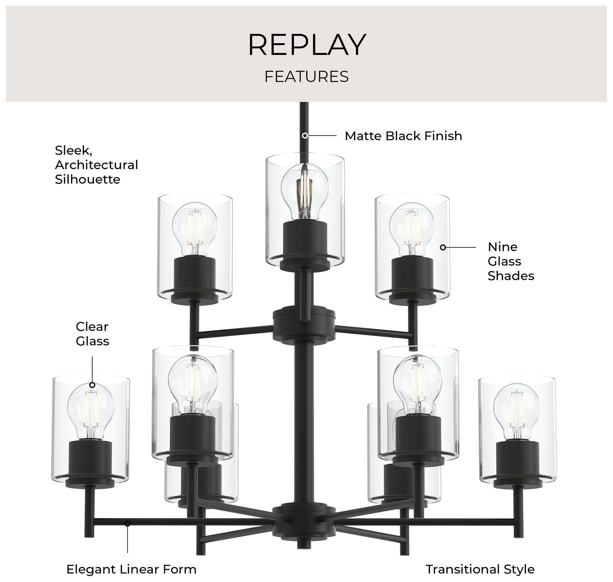 Thumbnail3 of Replay Collection 9-Light 2-Tier Black Chandelier with Clear Glass Shades more views