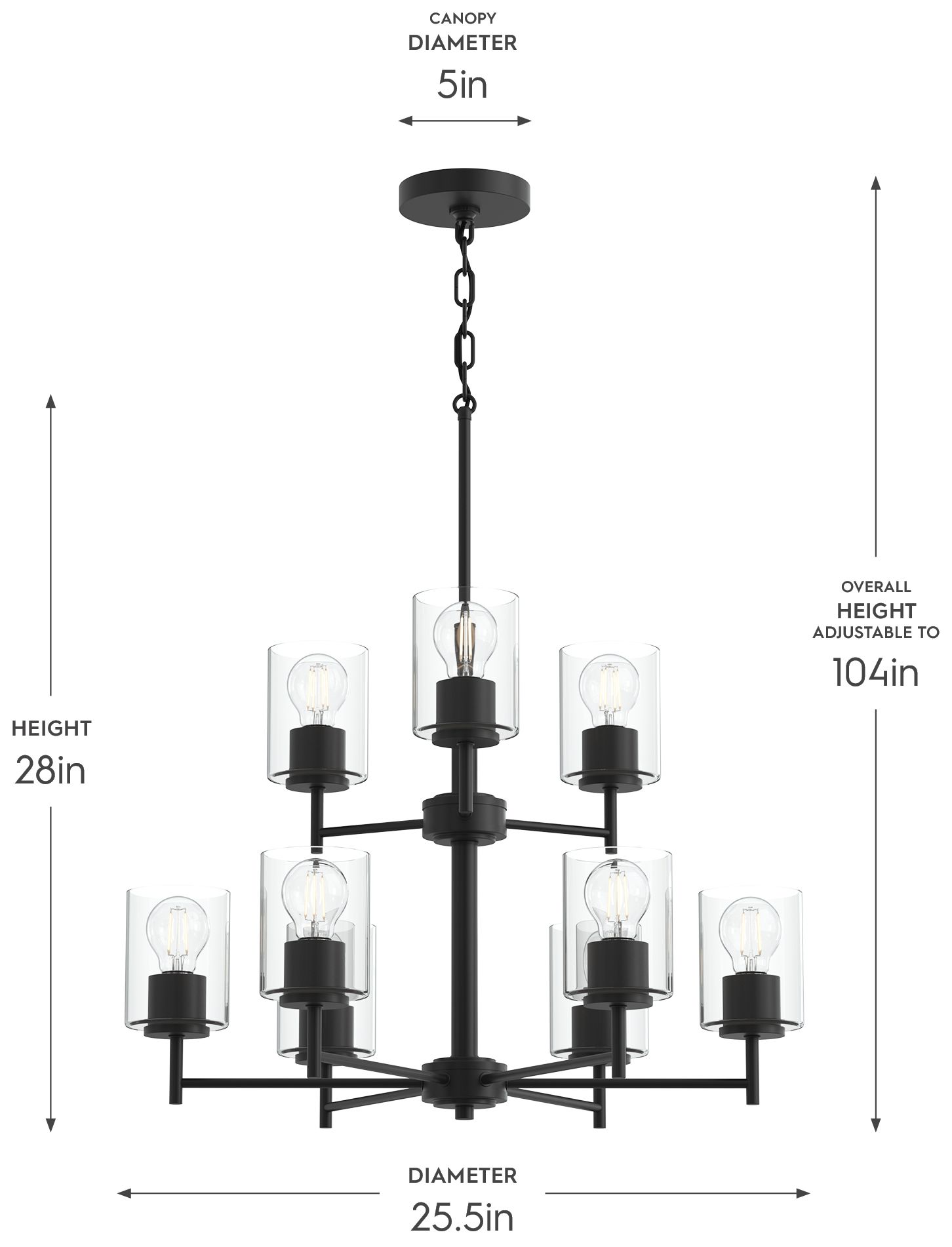 Replay Collection 9-Light 2-Tier Black Chandelier with Clear Glass Shades