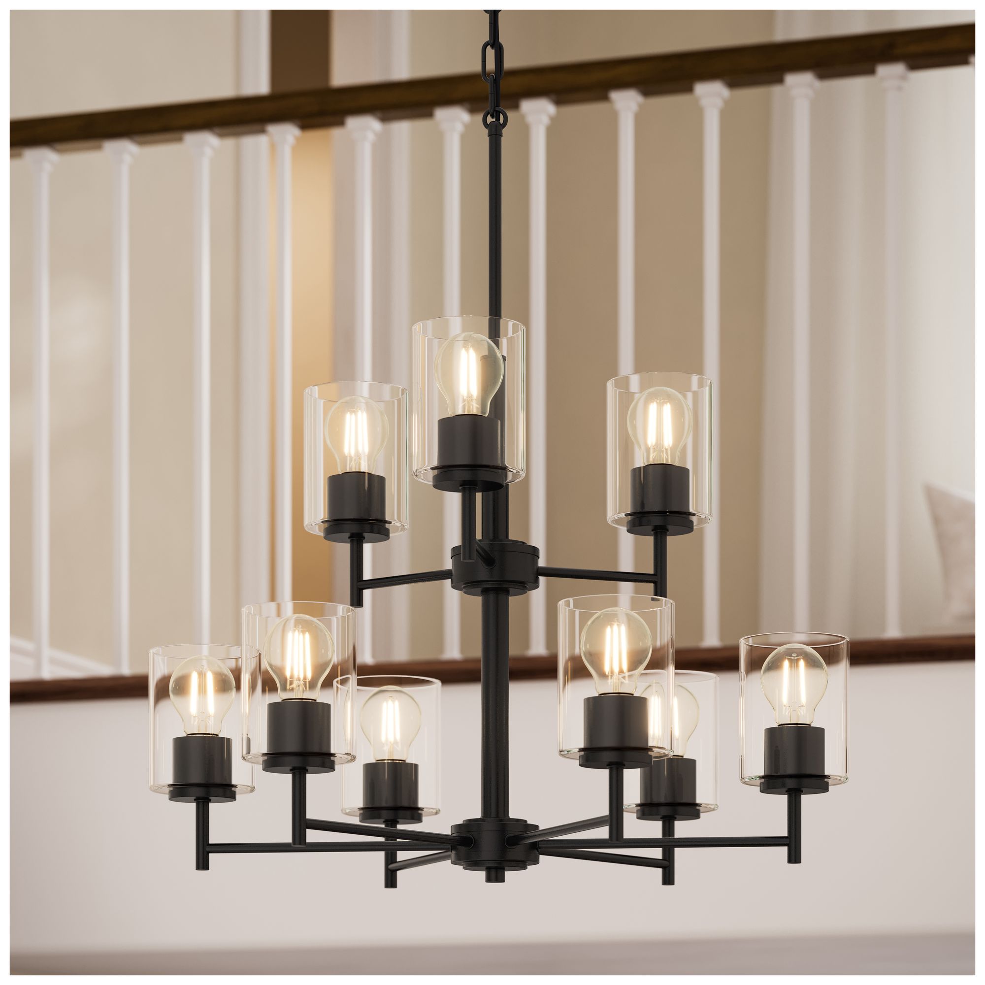 Replay Collection 9-Light 2-Tier Black Chandelier with Clear Glass Shades