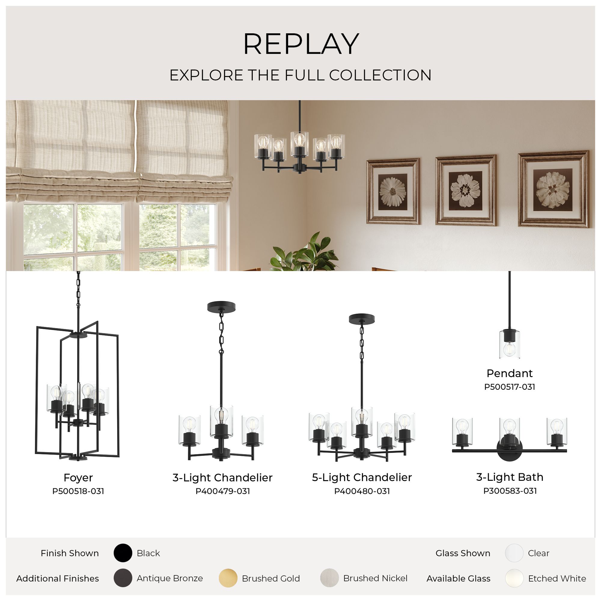 Replay Collection 9-Light 2-Tier Black Chandelier with Clear Glass Shades