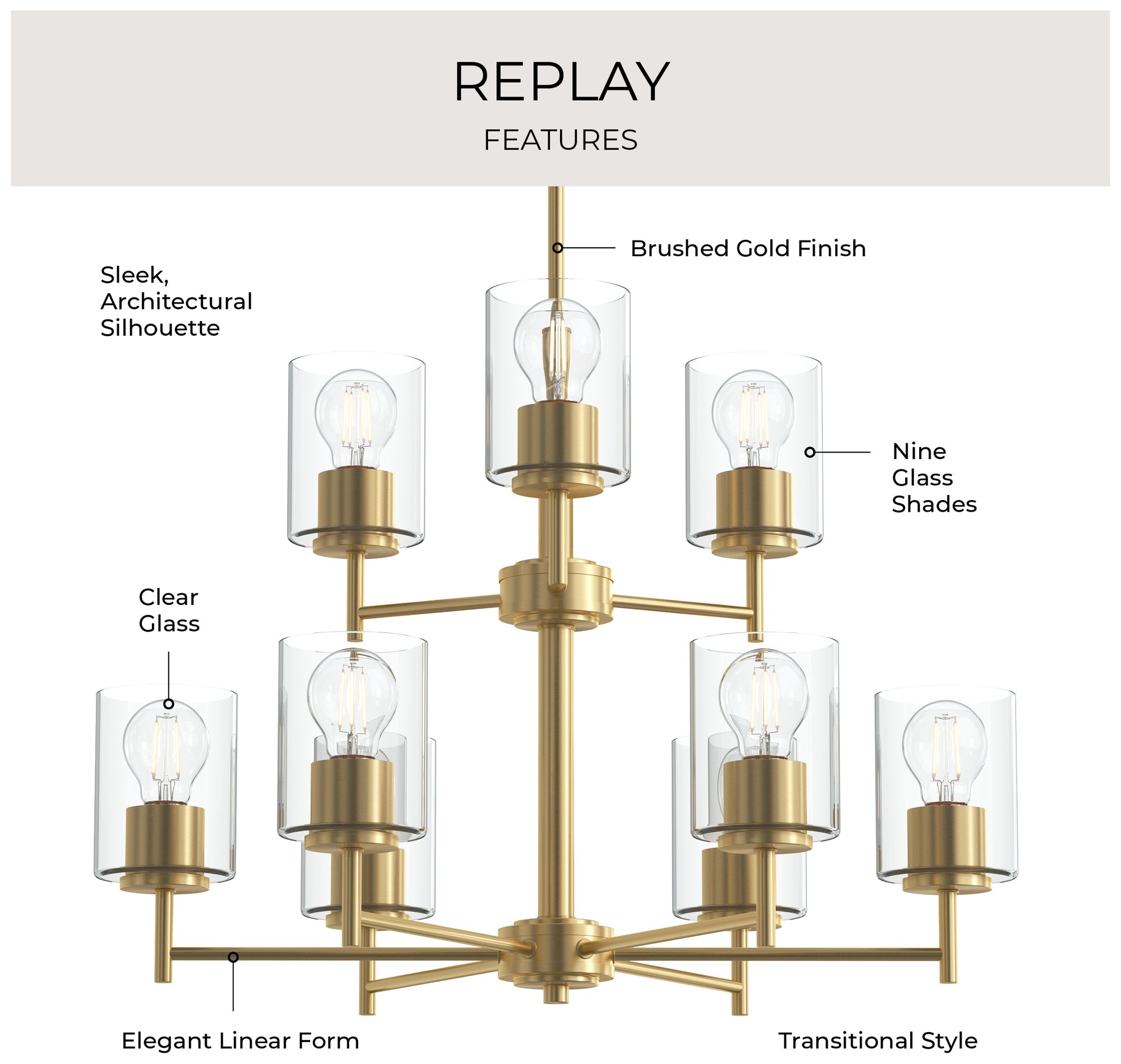 Image 3 Replay Collection 9-Light 2-Tier Brushed Gold Chandelier Clear Glass Shades more views