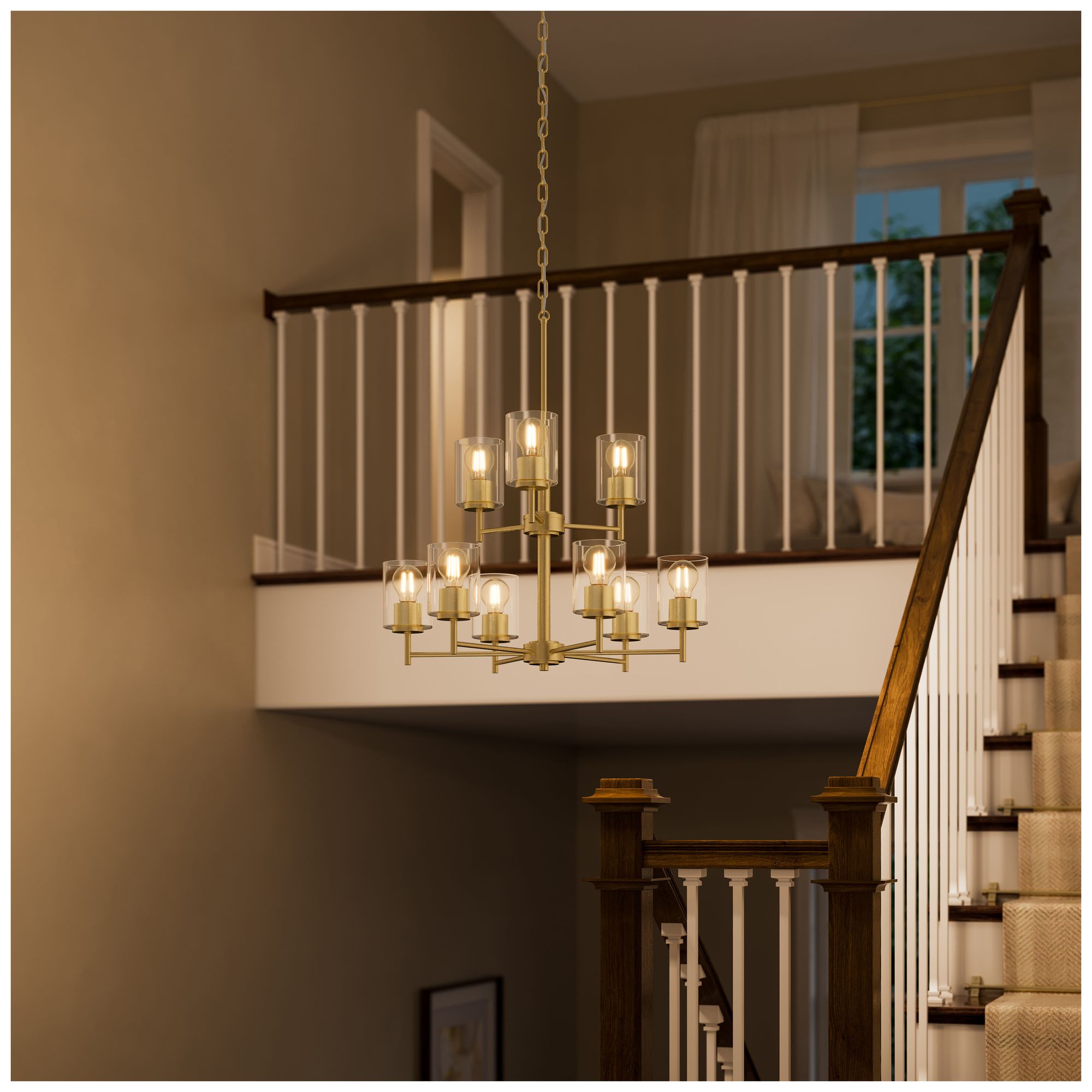Image 4 Replay Collection 9-Light 2-Tier Brushed Gold Chandelier Clear Glass Shades more views