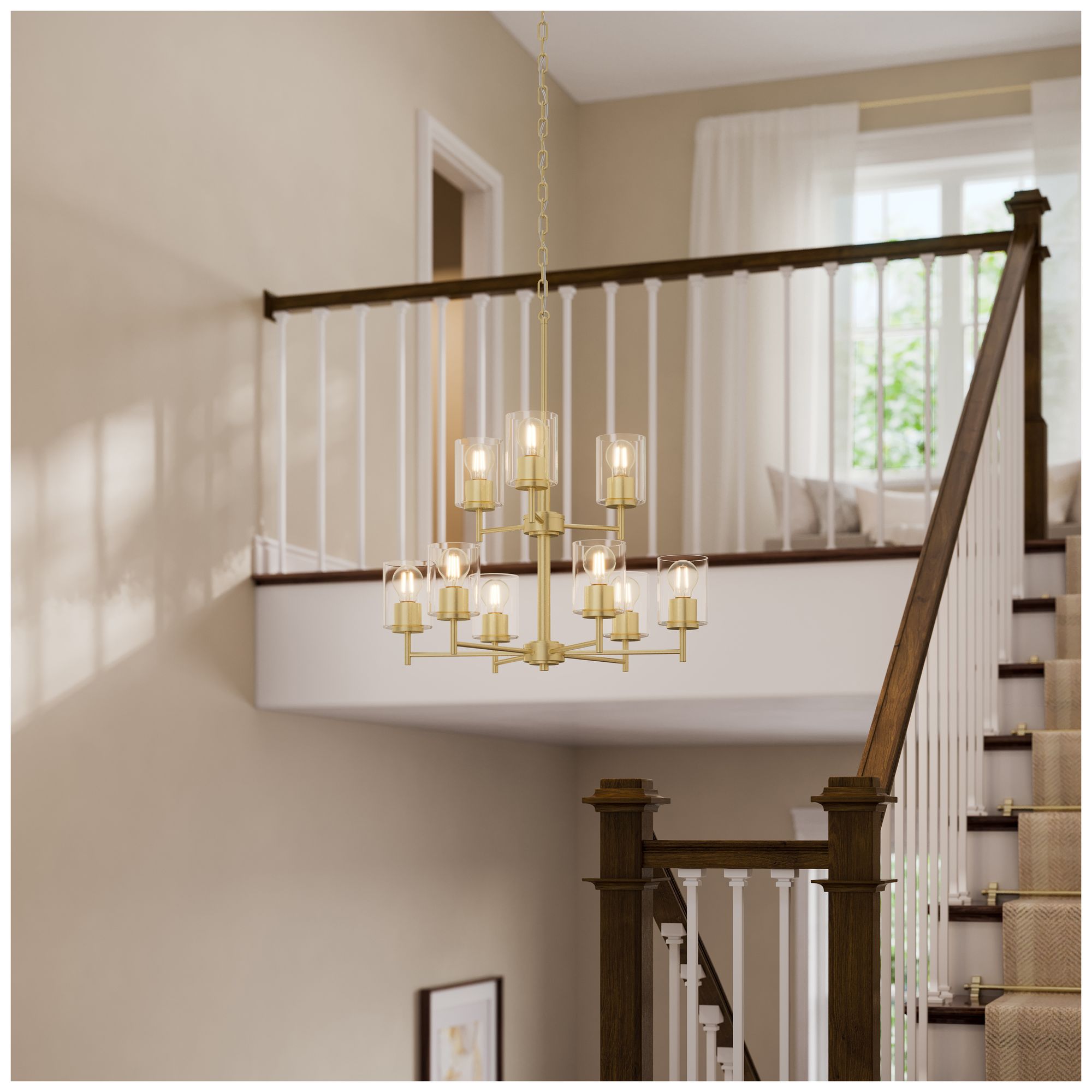 Replay Collection 9-Light 2-Tier Brushed Gold Chandelier Clear Glass Shades