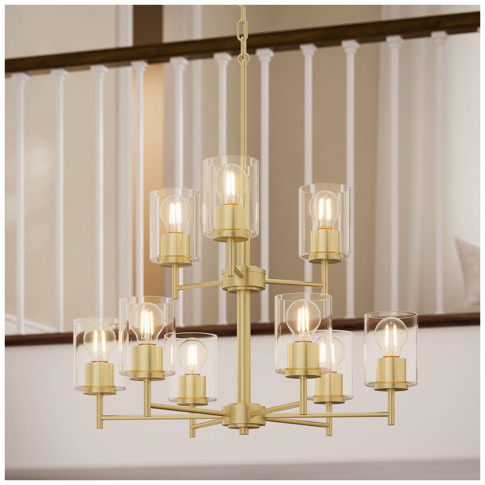 Replay Collection 9-Light 2-Tier Brushed Gold Chandelier Clear Glass Shades