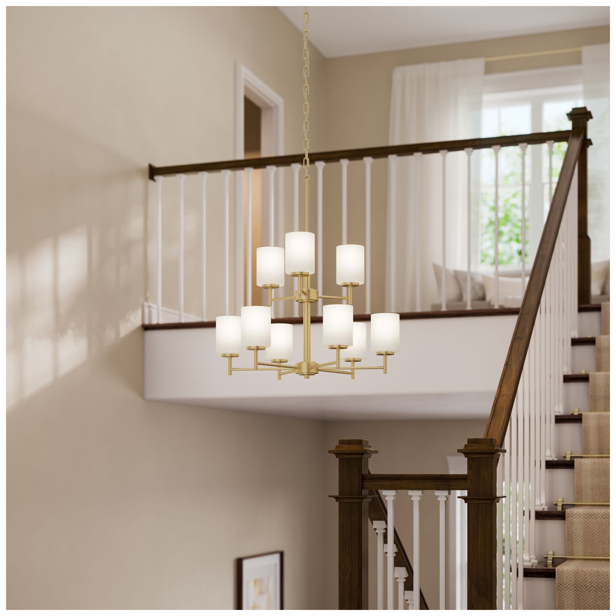 Replay Collection 9-Light 2-Tier Brushed Gold Chandelier Etched Glass