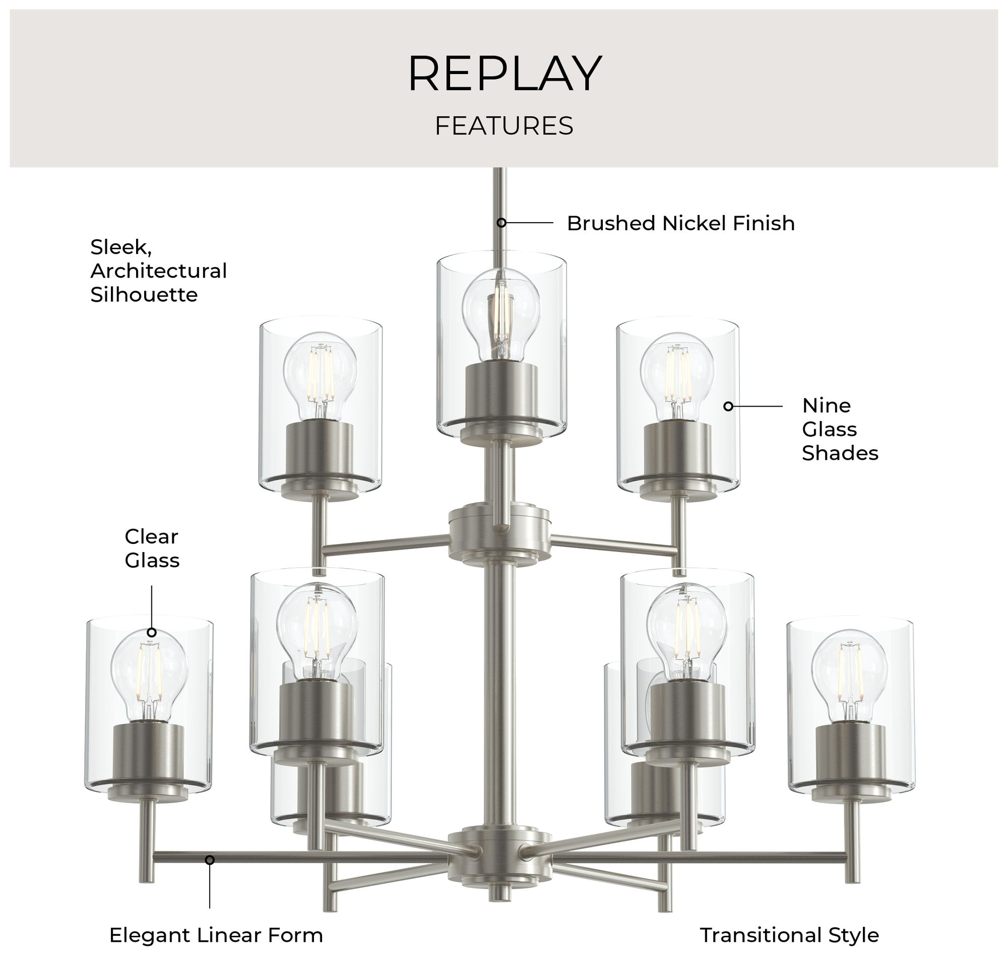 Image 3 Replay Collection 9-Light 2-Tier Brushed Nickel Chandelier w/Clear Glass more views