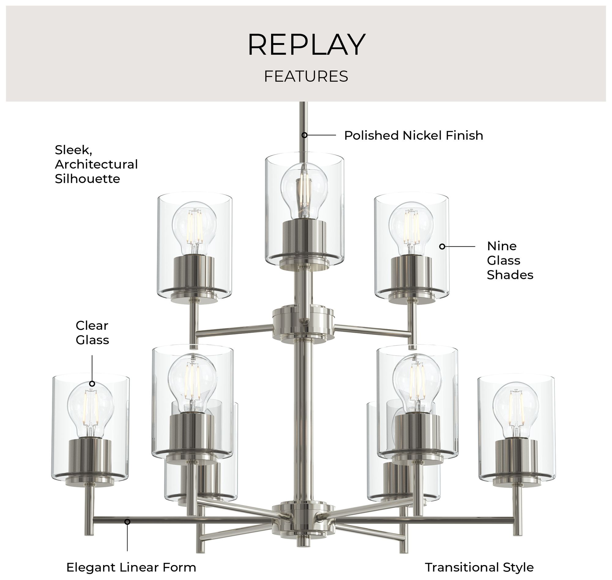 Thumbnail3 of Replay Collection 9-Light 2-Tier Polished Nickel Chandelier Clear Glass more views