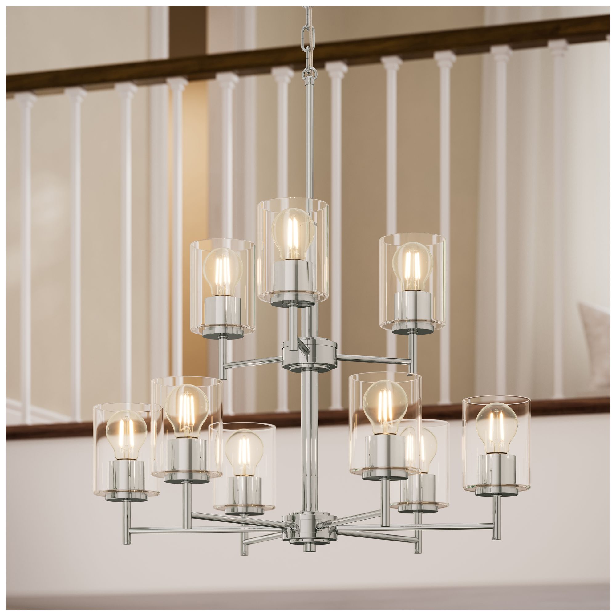 Replay Collection 9-Light 2-Tier Polished Nickel Chandelier Clear Glass